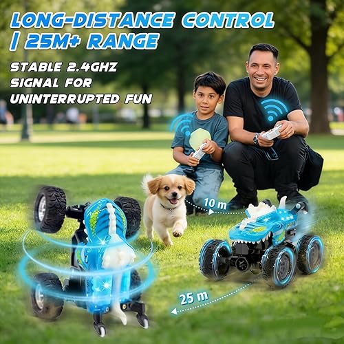 Miniatura 6 de Dinosaurio RC Stunt Car con luz LED y giros de 360, 2.4GHz 4WD control remoto Monster Truck para niños, vehículo todoterreno todo terreno, juguete