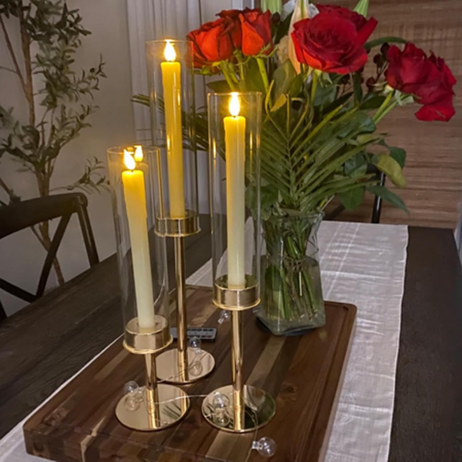 Hurricane Candle Holder Gold EylKoi - 3Pcs/Set Taper Candlestick Holders with Glass Candle Cover Long Windproof for Taper Candles Centerpieces Wedding Christmas Home Table Decorations,14" 16" 18"