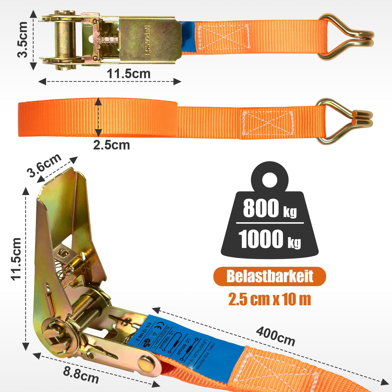 2 Stück Spanngurte mit Ratsche, 10m x 25mm Spanngurt J Haken, 1000kg Tragkraft Spanngurte, Duty für Motorräder, Auto, Anhänger, Ladungssicherung (Orange) - 3