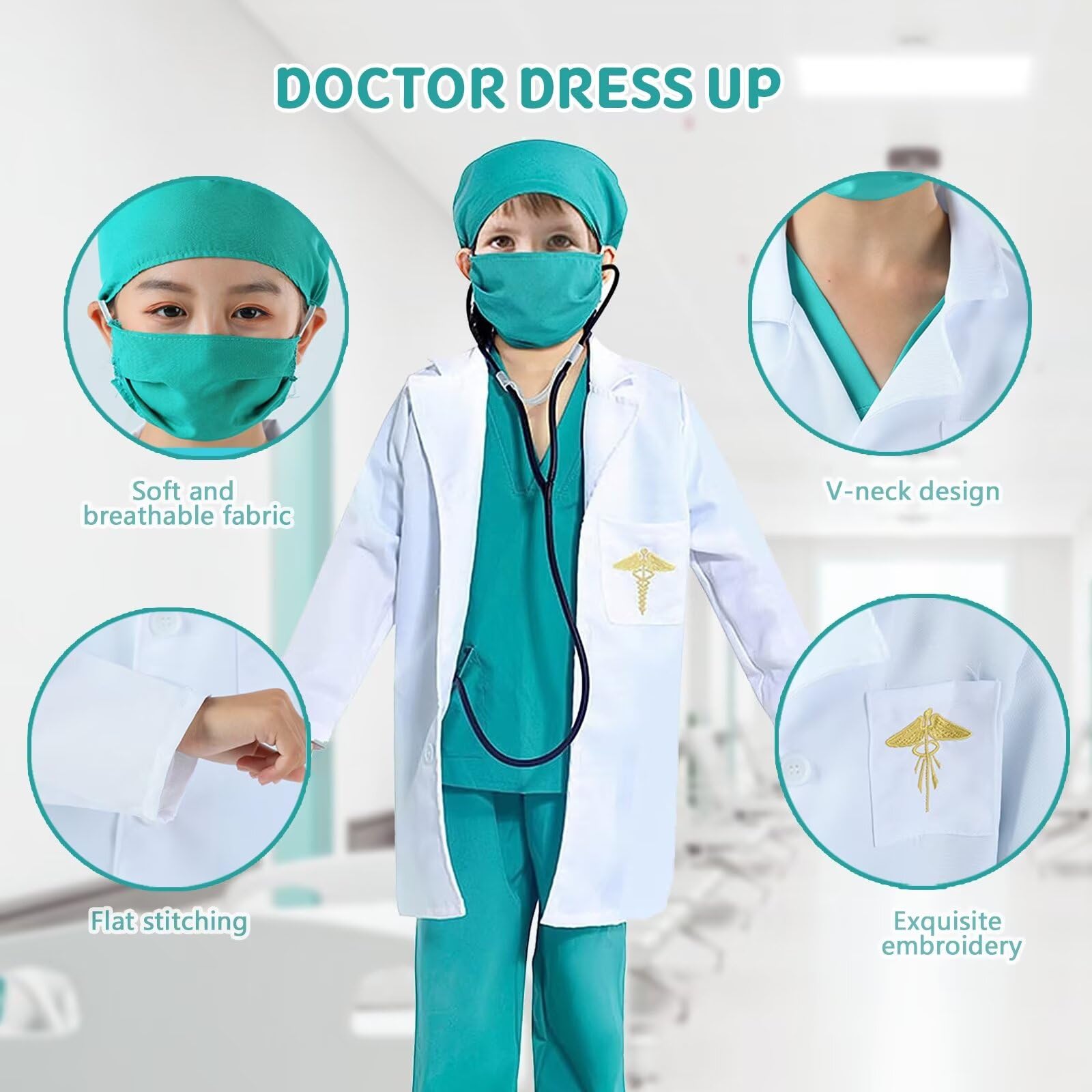 Costume da Dottore per Bambino Bambina Con Camice Dottore Scrub Stetoscopio Kit Dottore Chirurgo Medico Costume per Ragazzi Ragazze Gioco di Ruolo Carnevale Halloween Cosplay