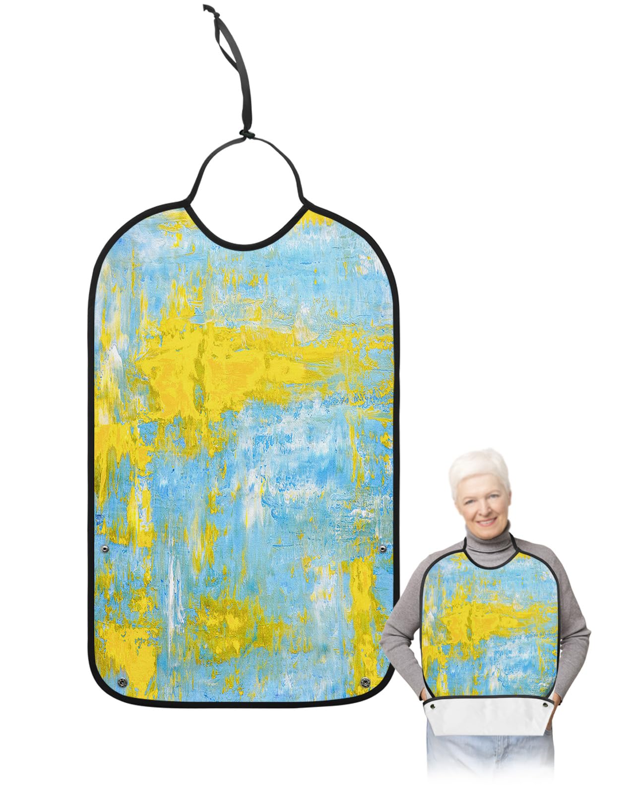 Yellow Blue Adult Bibs for Eating, Waterproof Bibs with Food Catcher & Adjustable Snap Closure, Modern Oil Painting Abstract Art Aesthetics Clothing Protectors Adult Bibs for Elderly Women/Men