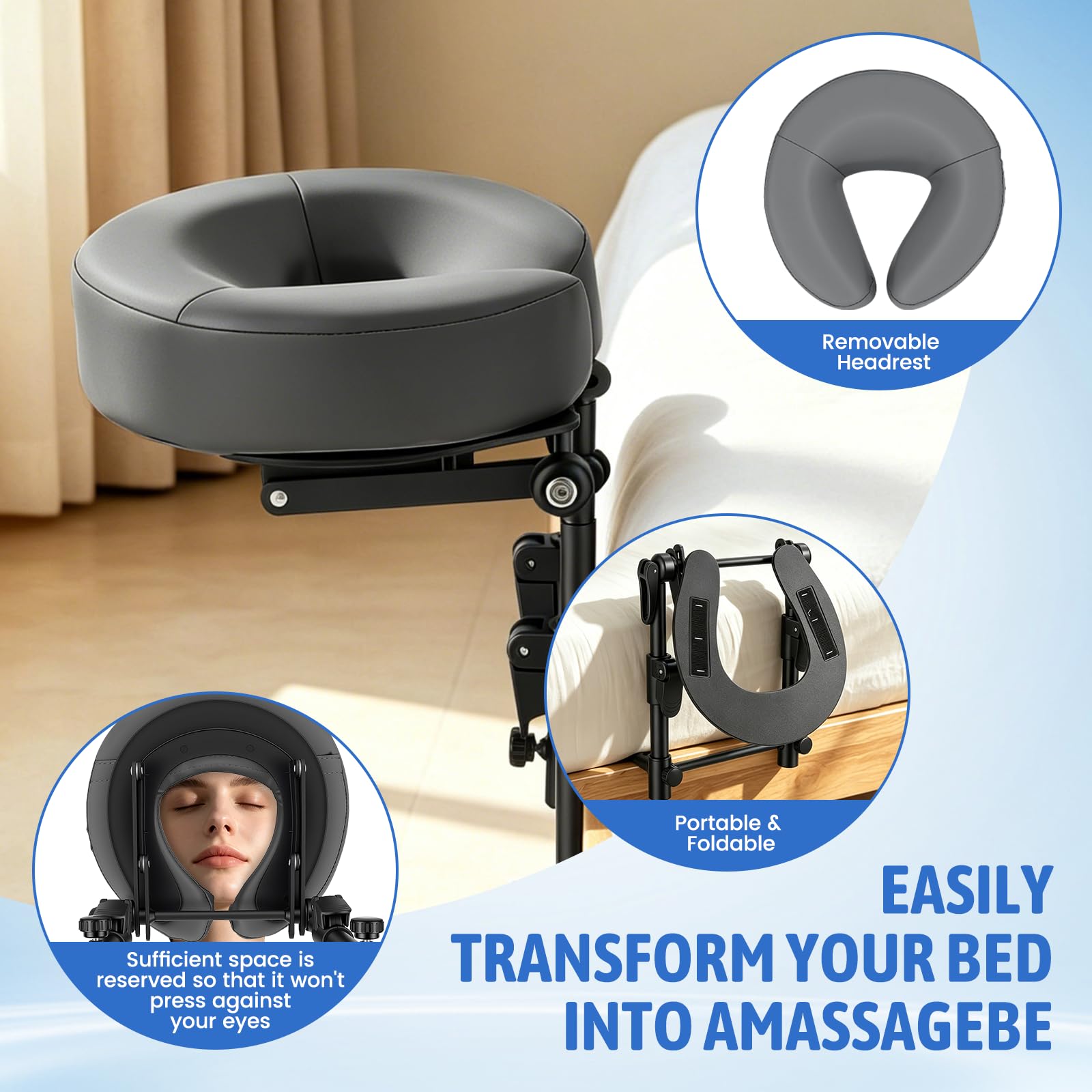 Reposacabezas de masaje para cama con marco y almohadilla ajustable, Soporte para colchón 14-45cm, Posición boca abajo tras operación ocular, Soporte facial colchón para hogar y salón de belleza, Gris