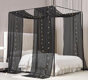 Akiky Canopy Bed Curtains with Light Princess Bed Canopy Scarf for Full/Queen Metal Bed Frame,Wood Frame Bed-2 Panel Sheer CurtainFull/Queen,Black