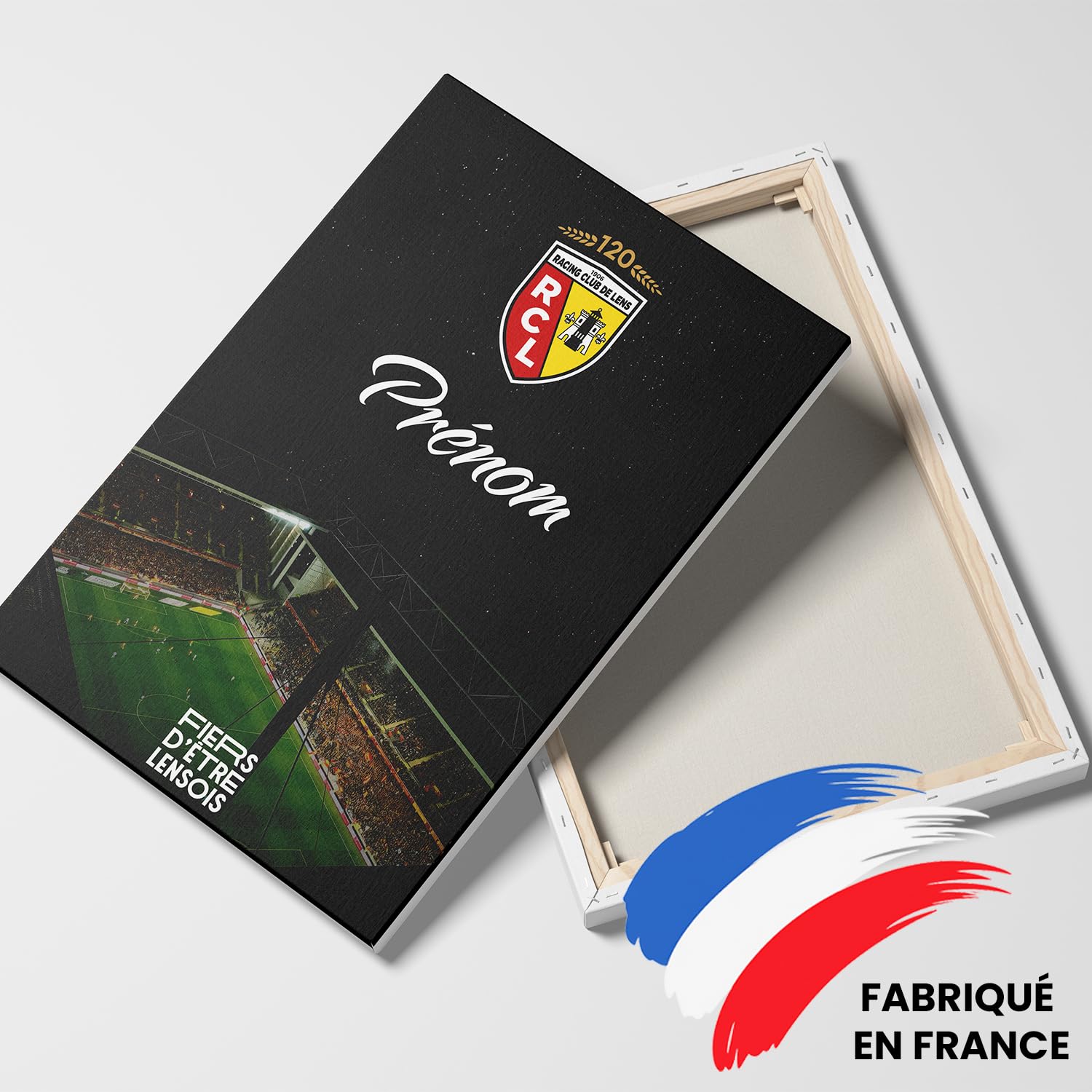 OneTrophy Toile Officielle RC Lens – Personnalisable avec Prénom ou Texte Libre – Décoration Murale Supporter Bollaert – Made in France – Cadeau supporter Lensois (Bollaert en lumière)