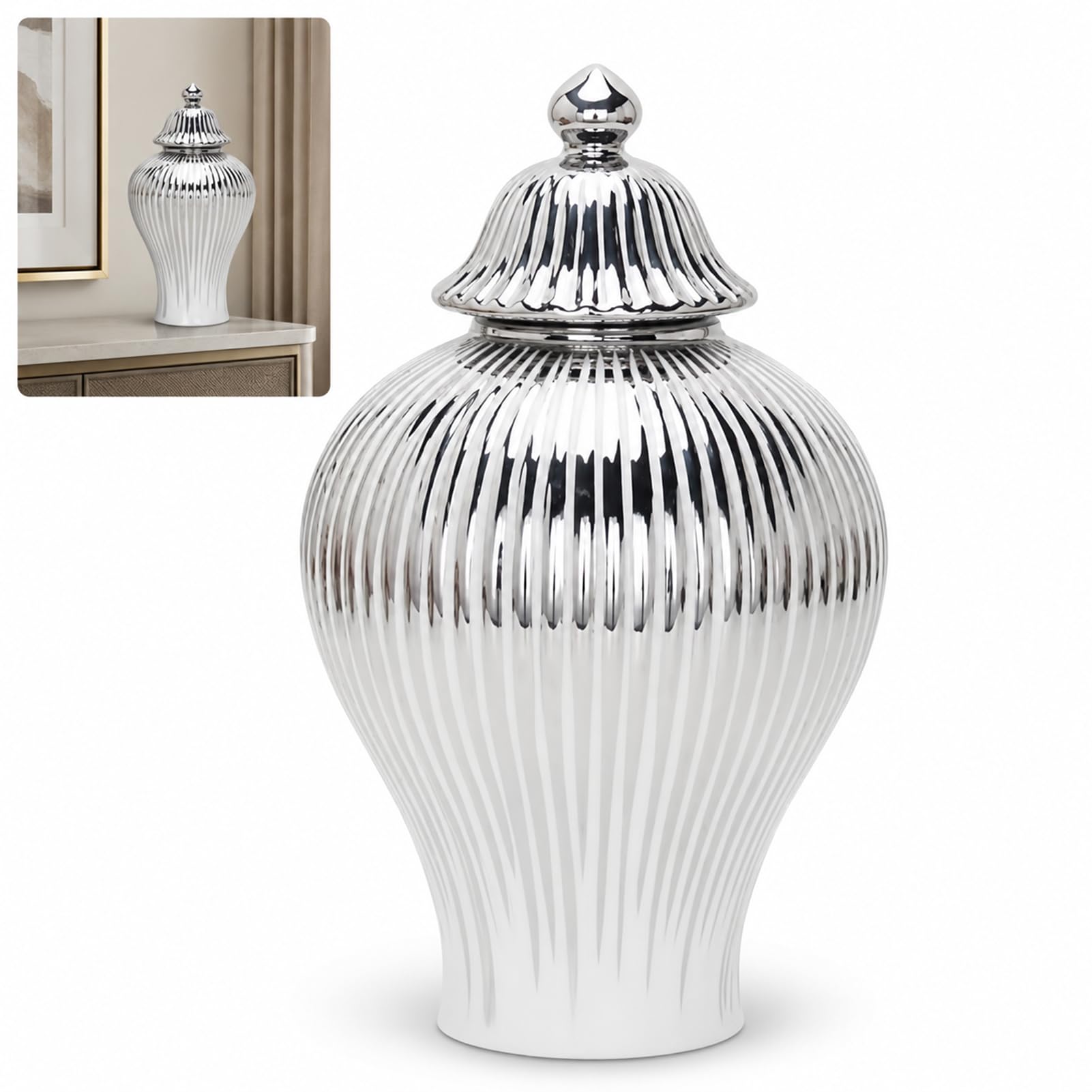 Decorative Ginger Jar Vase Decorative Ceramic With Lid Golden Enamel Porcelain Temple Tea Storage Jars (silver,16 * 30cm)
