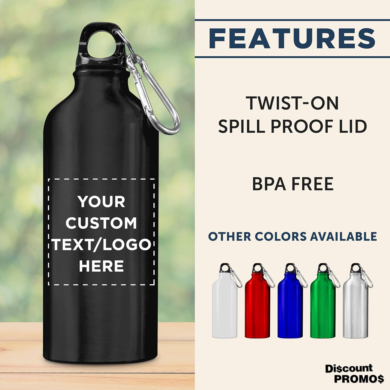 DISCOUNT PROMOS Custom Aluminum Water Bottles 20 oz. Set of 10/50/100, Personalized Bulk Pack - Perfect for Gym, Hiking, Any Indoor/Outdoor Activities - Black