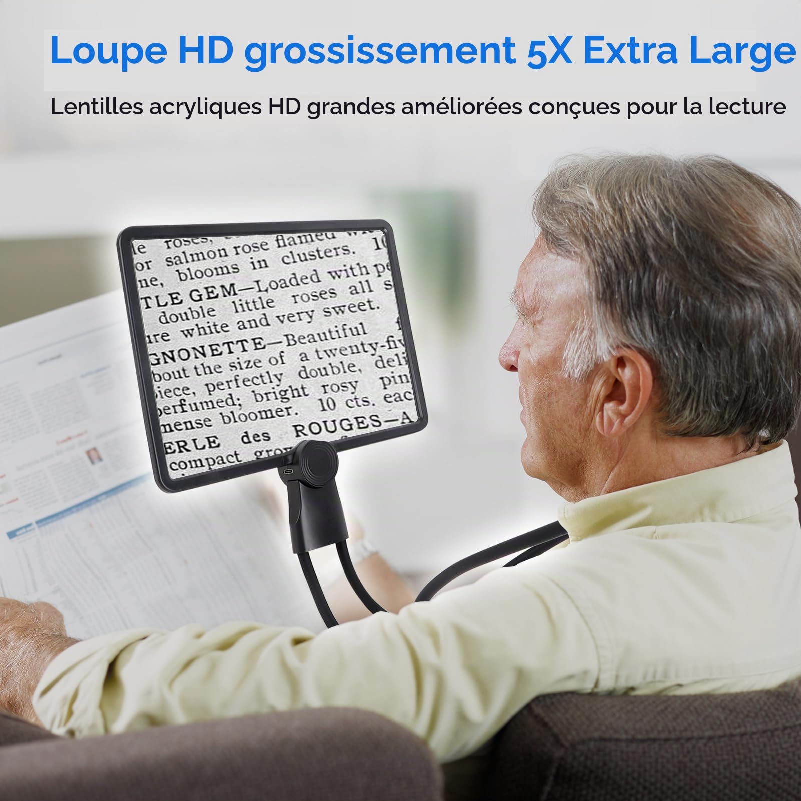 5X Grande Loupe de Lecture avec 50 Lumières LED, Rechargeable Lampe Loupe Mains Libres avec Col de Cygne Flexible, Lentille en Acrylique de 9,5 X 7 in, Parfaite pour Lecture, Réparations, Couture