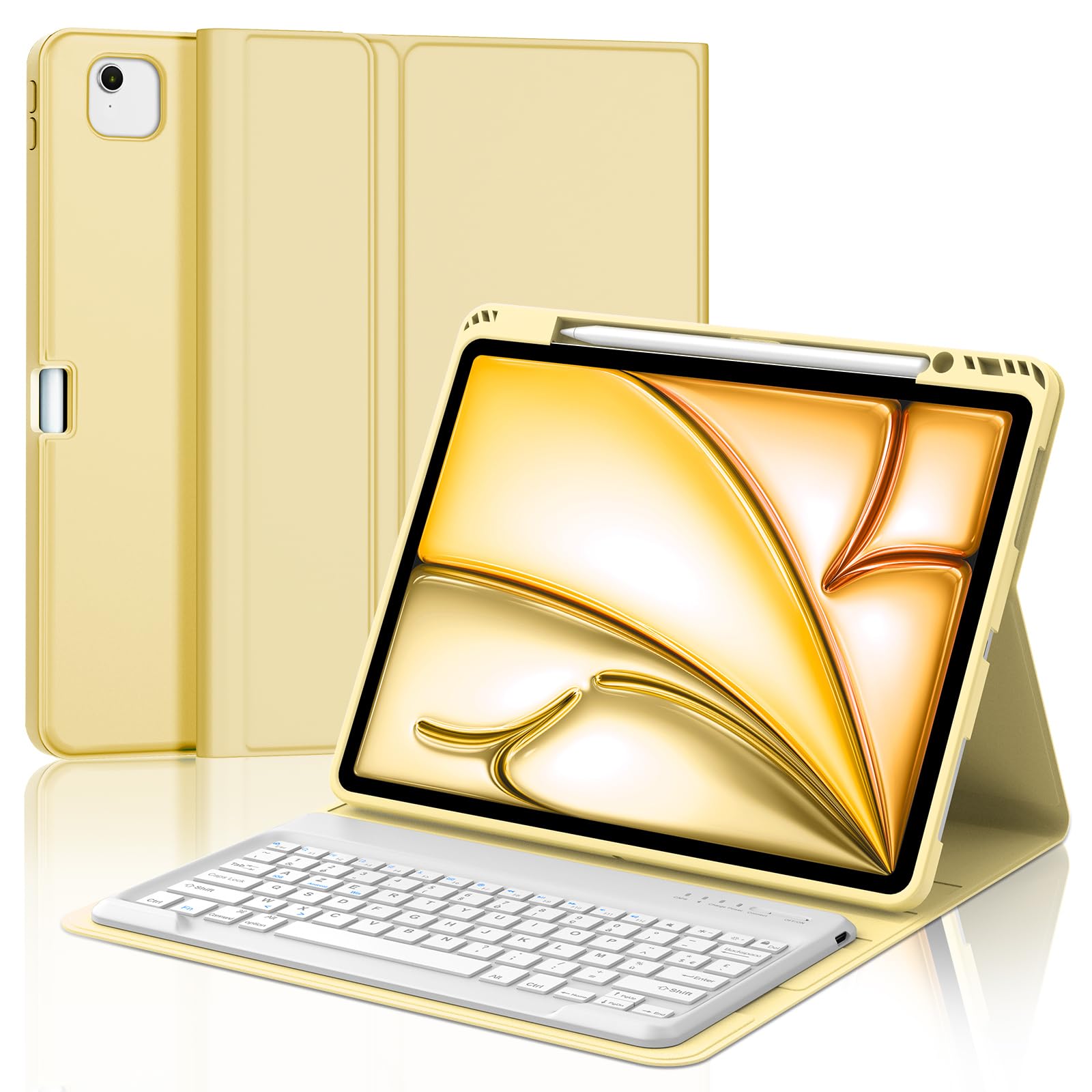 Coque Clavier pour iPad Air 13 Pouces(M4 2026, M3 2025, M2 2024) et iPad Pro 12.9 Pouces(6e/5e/4e/3e Gén), AZERTY Français Housse Clavier Bluetooth Magnétique Détachable avec Porte Crayon, Jaune Clair