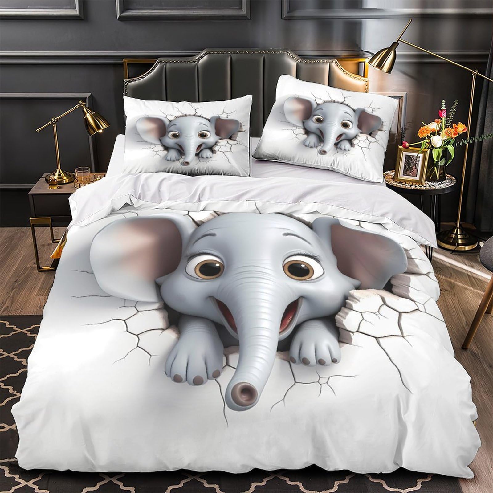 Housse de couette éléphant 3D parure lit hypoallergénique microfibre contre allergies enfant