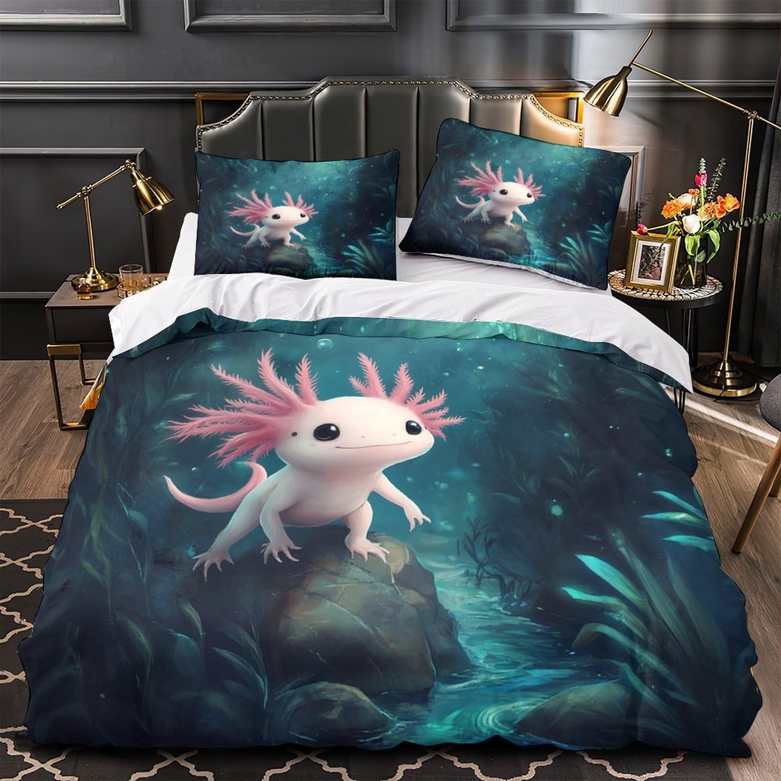 Housse de couette axolotl 3D avec fermeture éclair cachée parure de lit microfibre