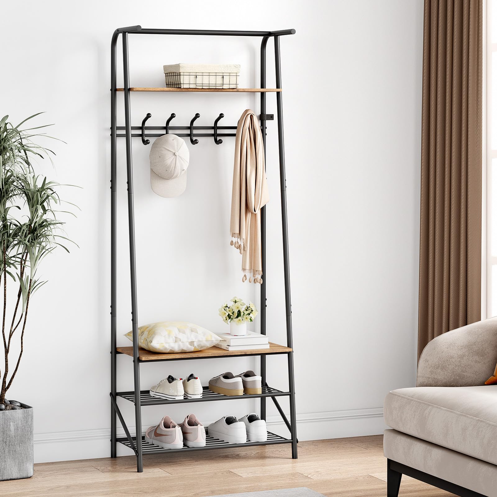 Coat Rack Stand, 3-in-1 Freestanding Hall Tree with Shoe Storage Bench & Single Row Hooks, 60cm Industrial Metal Frame Entryway Storage Shelf for Living Room Bedroom Hallway Entryway Apartment