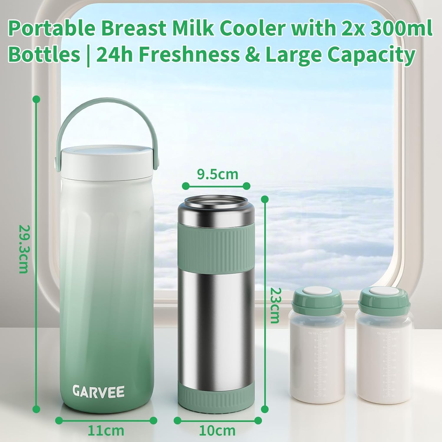 Muttermilch Kühlbox Tragbar 2 Flaschen 300ml 24h Kühlen Warmhalten Grün | 360 Grad Isolierung Stillzubehör für Unterwegs Reise und Auto für Baby Flaschen