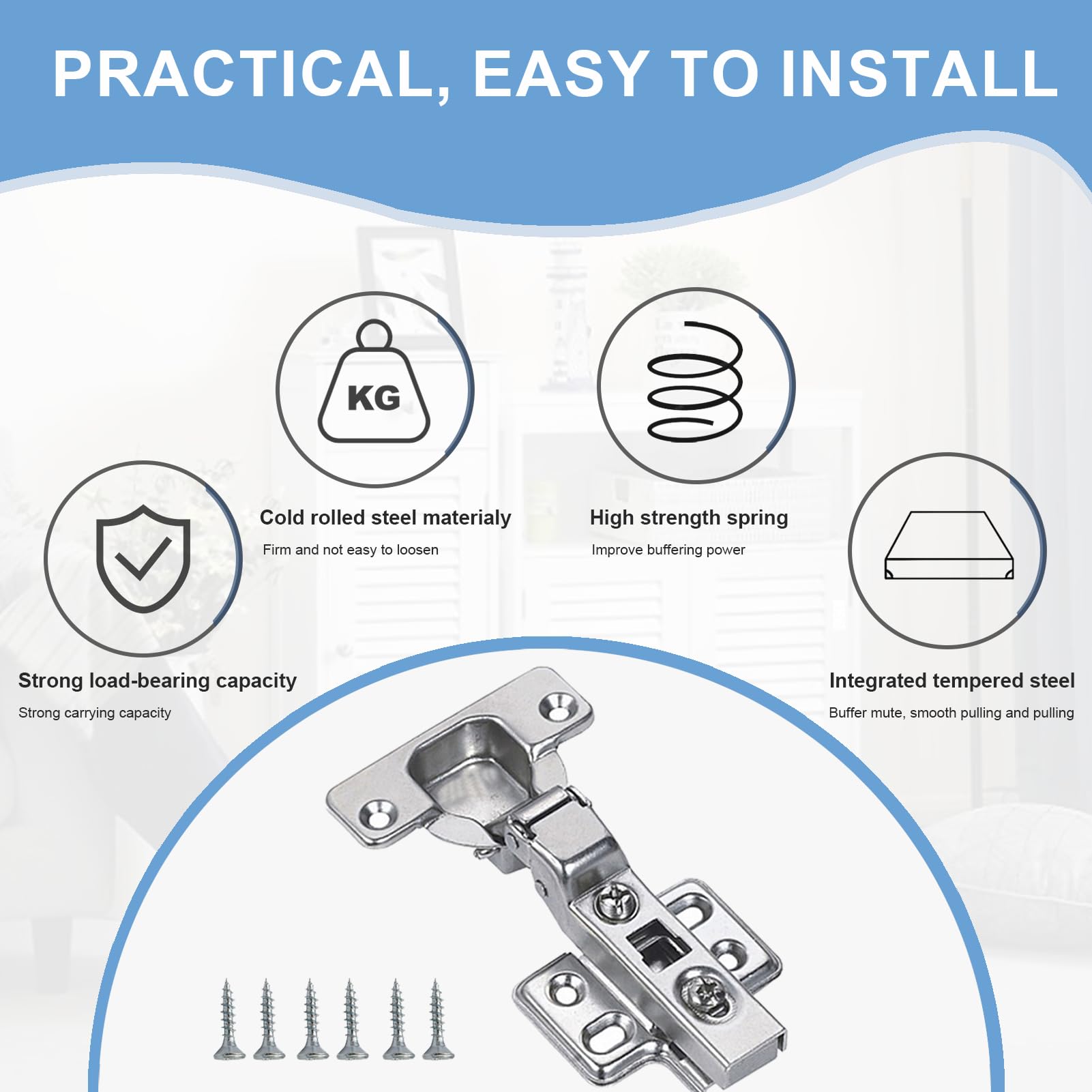 4 Pcs Kitchen Cupboard Hinges with Screws, Kitchen Cabinet Hinges, Snap Close Hinge, Full Overlay Mute Door Hinge - Image 4