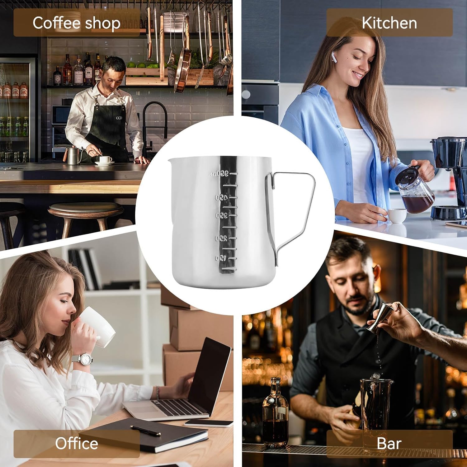 550ml/18oz Milk Frothing Pitcher, Stainless Steel Espresso Steaming Jug Milk Coffee Cappuccino Latte Art Frother Cup with Scale for Espresso Machine Latte, 5.1x3.1x4.3in