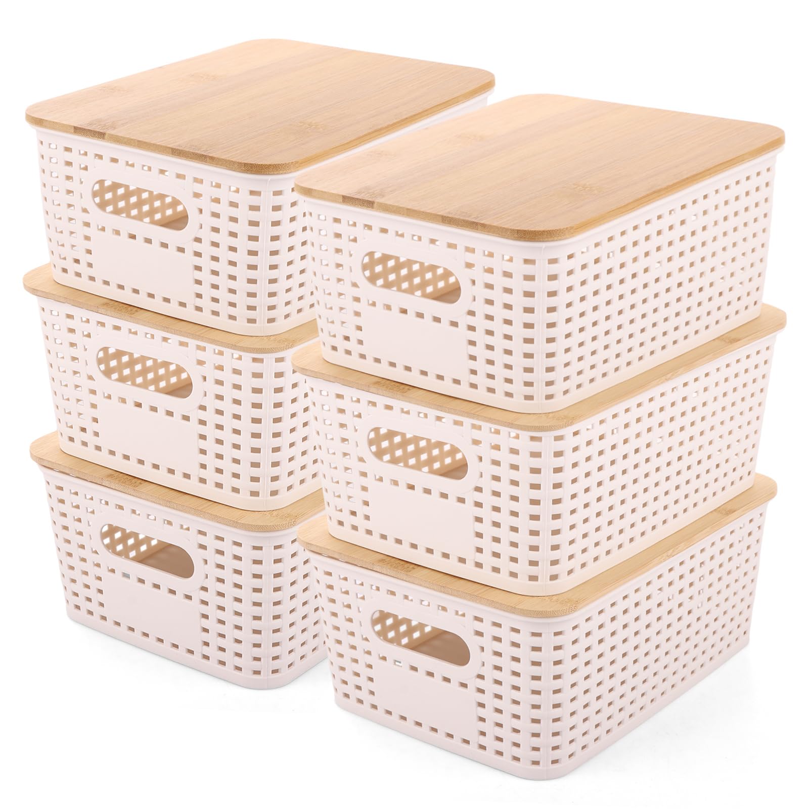 AKOLAFE 6Pcs Storage Boxes with Lids Plastic Storage Basket Stackable Shelf Baskets with Bamboo Lid