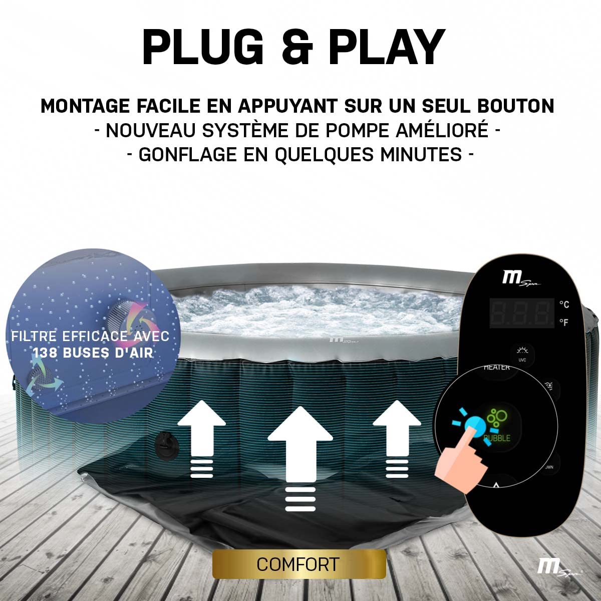 Miweba MSpa Spa Gonflable Extérieur Bergen C-BE041 | Rond ⌀ 180,0 cm - Spa Gonflable 4 Personnes - Nettoyage UV-C - Jusqu'à 1077 L - 40°C - Télécommande - 118 Jets (4 Personnes)
