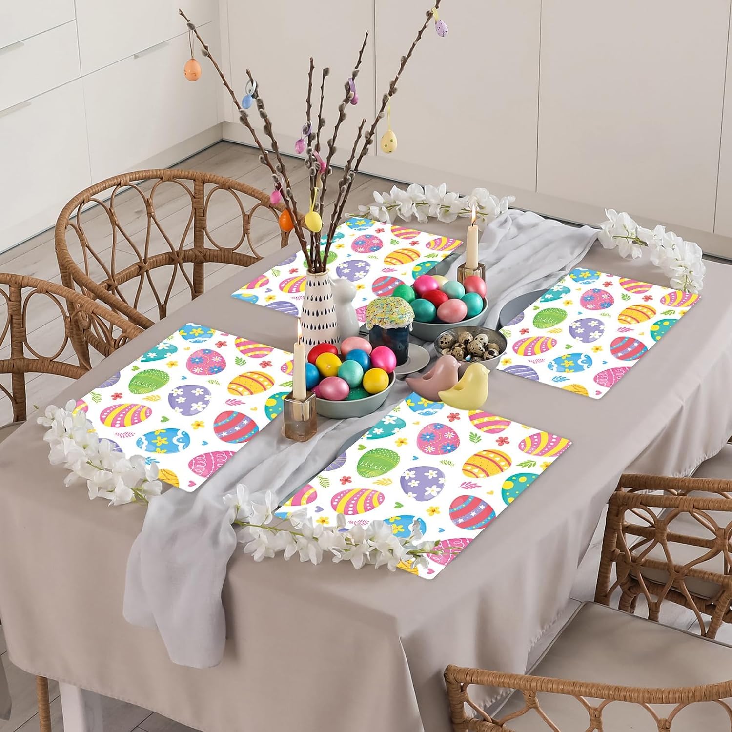 Easter Eggs Placemats Set of 6 Happy Easter Egg Plastic Table Mats Spring Place Mats Watercolor Colorful Eggs Washable Table Decoration for Indoor Outdoor Party Kitchen Dining