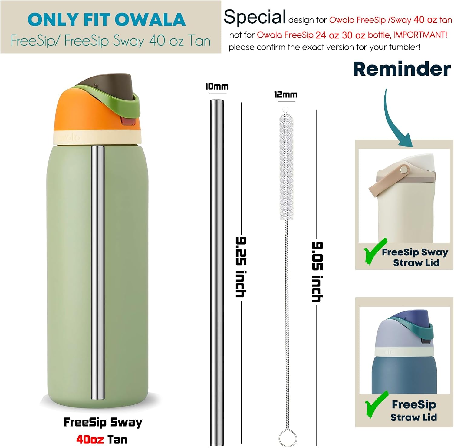 ALINK Stainless Steel Straws for 40oz Owala FreeSip Insulated Water Bottle, 6 Pack Reusable Metal Replacement Straws Compatible With 40oz Owala Freesip Cup Lid Only, Plus Straw Brush, Dishwasher Safe