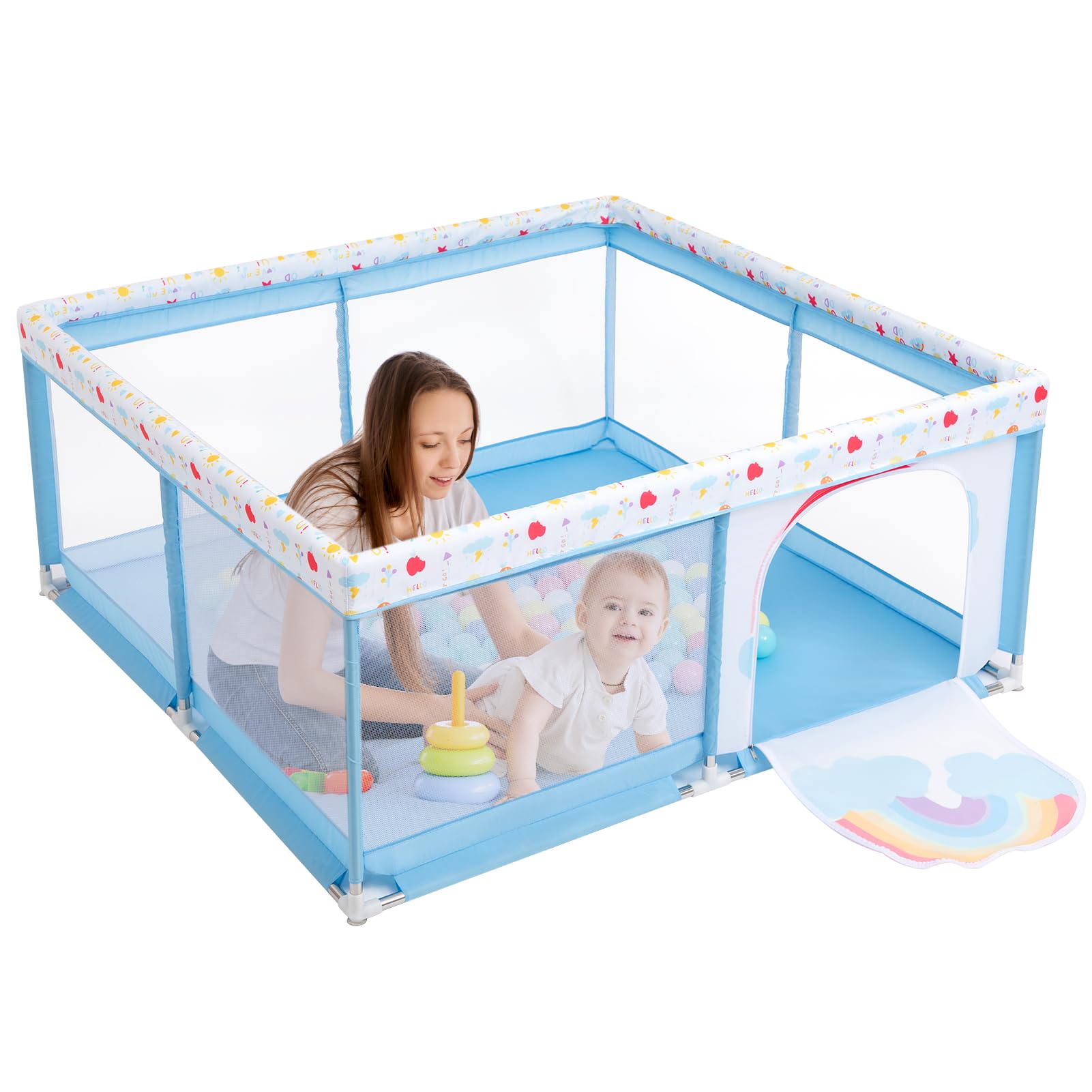 BEJOY Baby Playpen, 150cm Compact and Strong, Foam Protection, Anti-Slip, Transparent Breathable Mesh Round Zipper Door Safety Playard for Baby and Toddlers Indoor & Outdoor (Blue, Rainbow)
