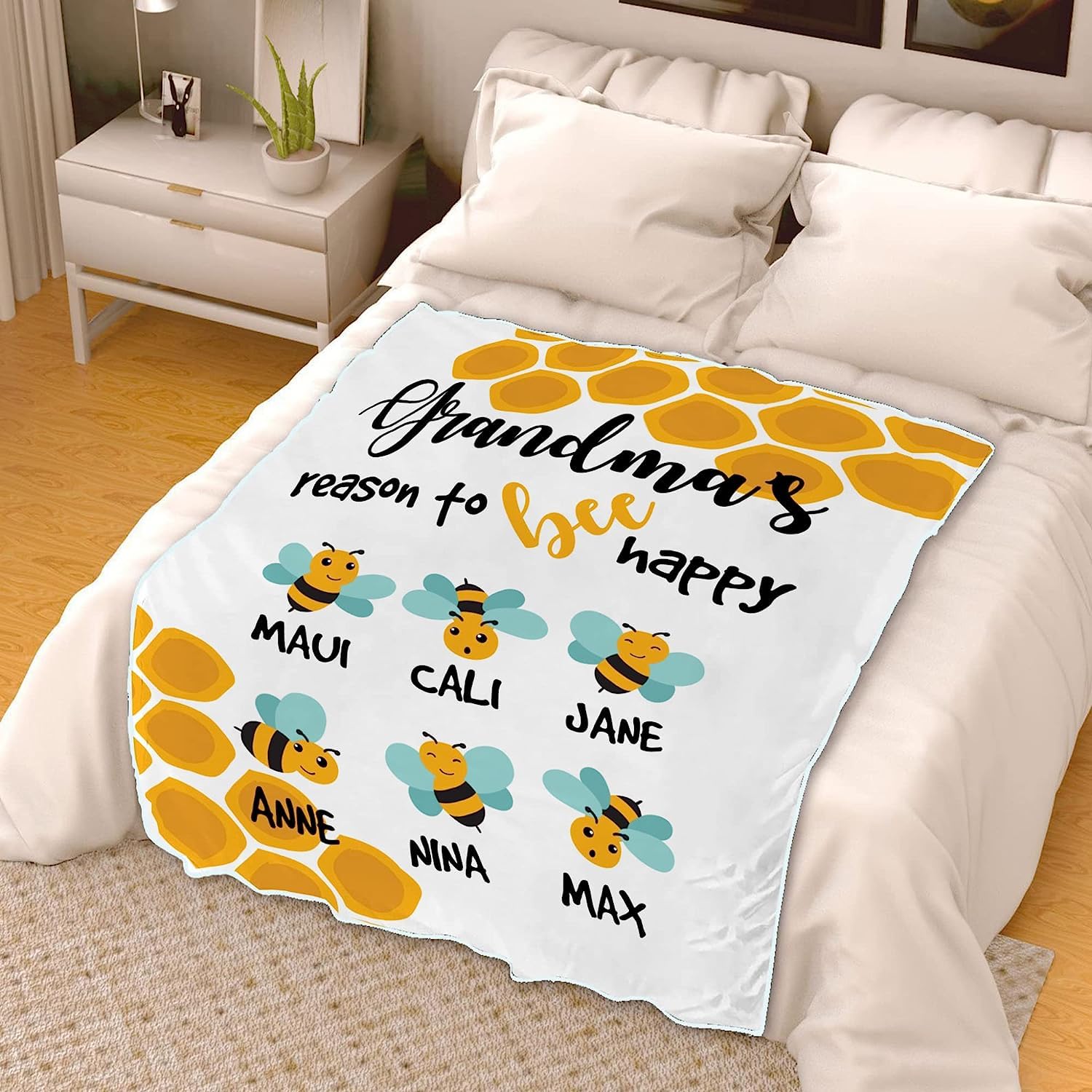 Coperta con nome personalizzato per nonna, coperta personalizzata con nome di Nana's Bees, coperta per bambini, regalo per Mimi Gigi Nonna Coperta in morbido pile personalizzata Coperta in pile con