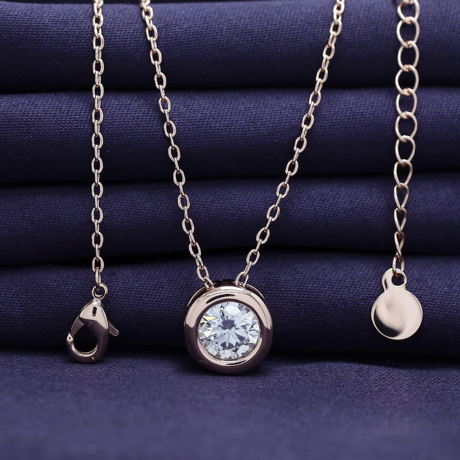 18K Gold Plated Bezel-Set Solitaire Necklace, 6.5MM Moissanite Diamond Choker Pendant Necklace For Women Jewelry 18"+2" Inch Extender (0.90 ctw)