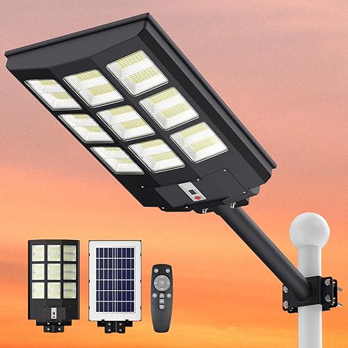 iMaihom Farolas solares de 1000 W para exteriores, 100000 lm 9000 K, luz de calle LED IP66 con control remoto, luz de seguridad del atardecer al