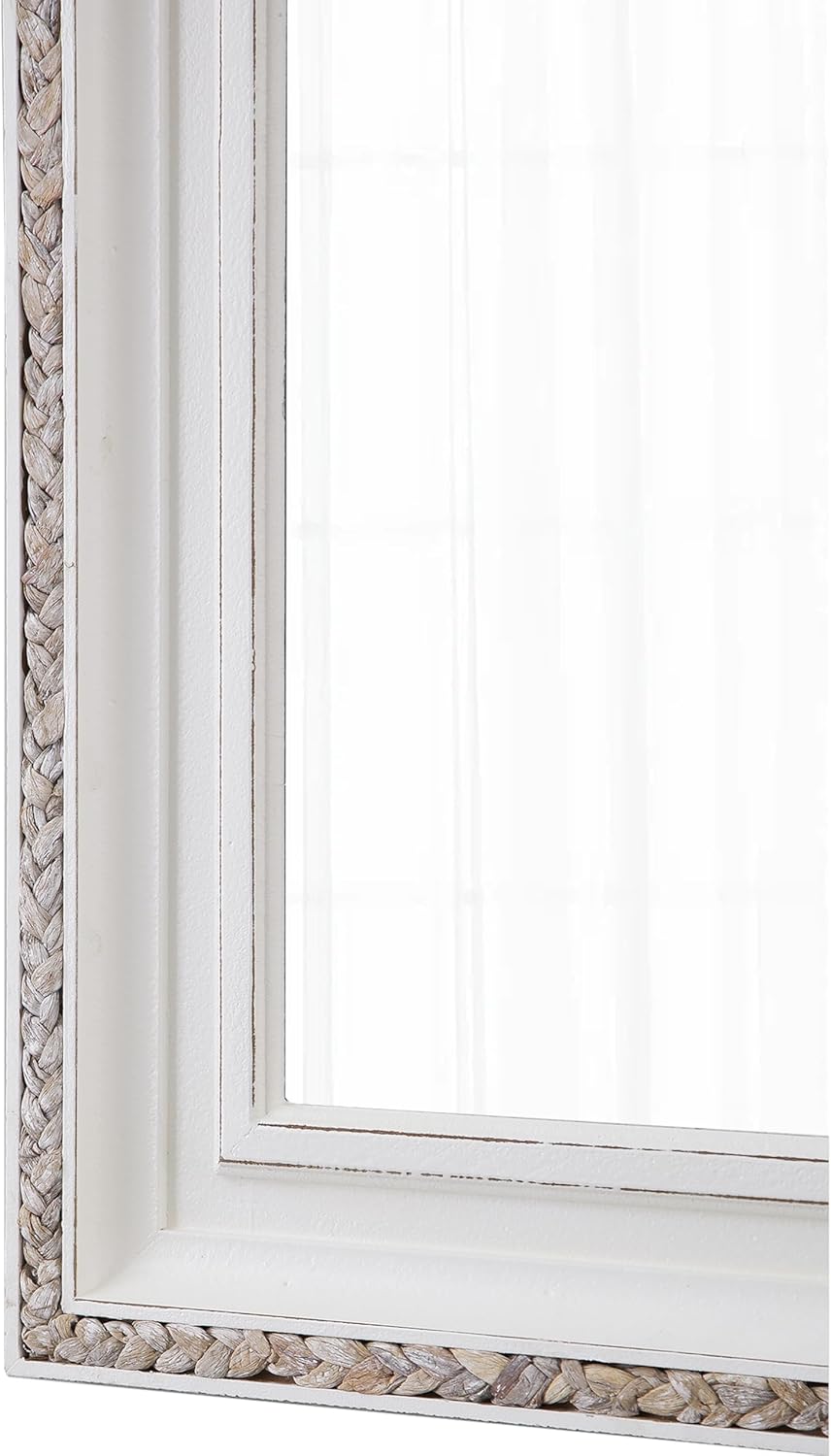 Boho Rattan Mirrors for Wall Decor Living Room 24 X 32 Inch, Distressed White Wood Frame Rectangle Farmhouse Rustic Mirror for Bathroom Hallway Entryway, Horizontal or Vertical Hanging