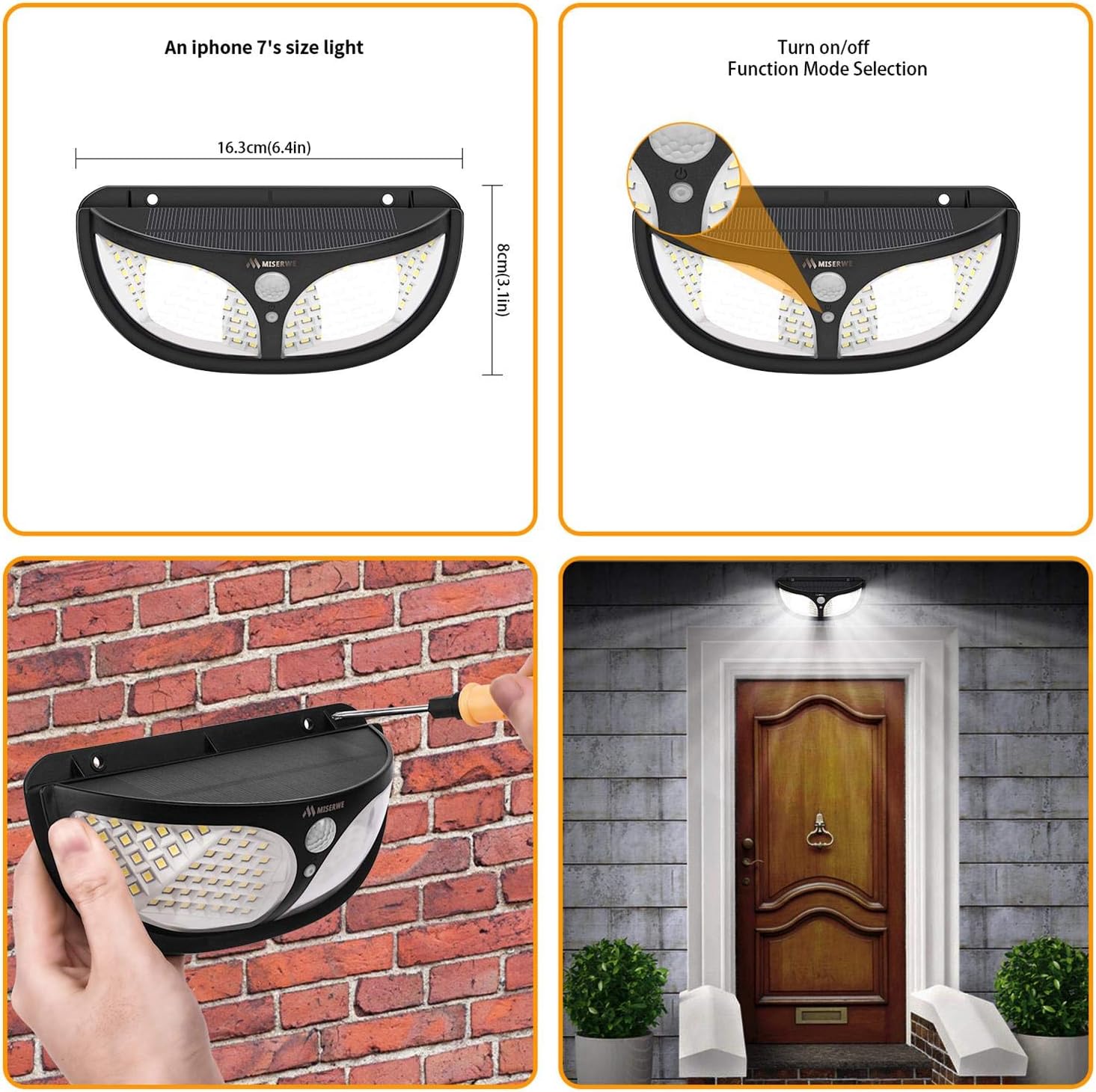 MISERWE Solar Lights Outdoor Motion Sensor Lights with 3 Modes Security Lights for Patio/Front Door/Yard/Garagedeck(2 Pack)