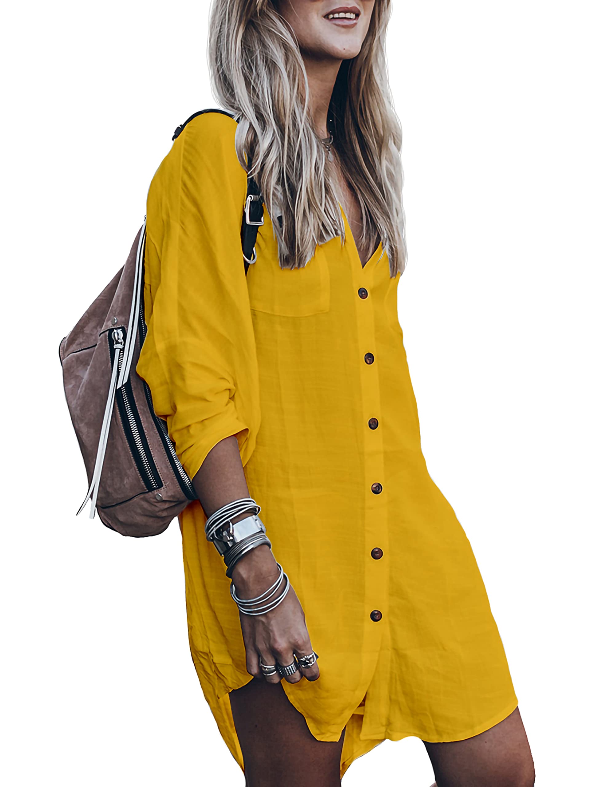 Women’s Swimsuit Cover up,Silky Button Down Shirt Midi Dress Kimono,Summer Bathing Suit Beach Coverups for Women (CP-Aline)