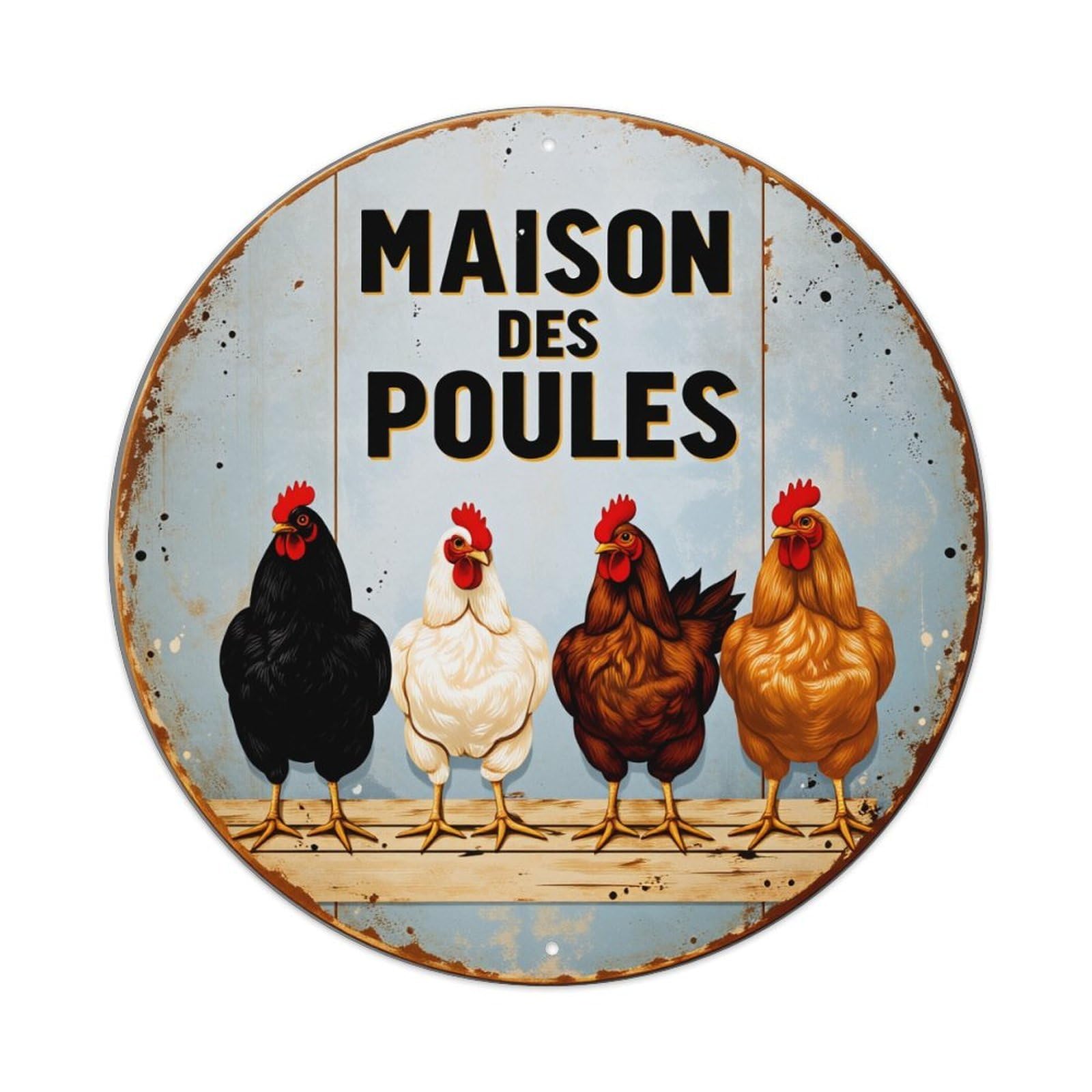 Wmlzdnwr Vintage Maison Des Poules Chickens On Wood Plank Background Round Tin Sign,Retro Wall Art,Metal Poster For Home, Bar, Garage, Cafe, Rustic Indoor & Outdoor Decor, 8X8 Inches