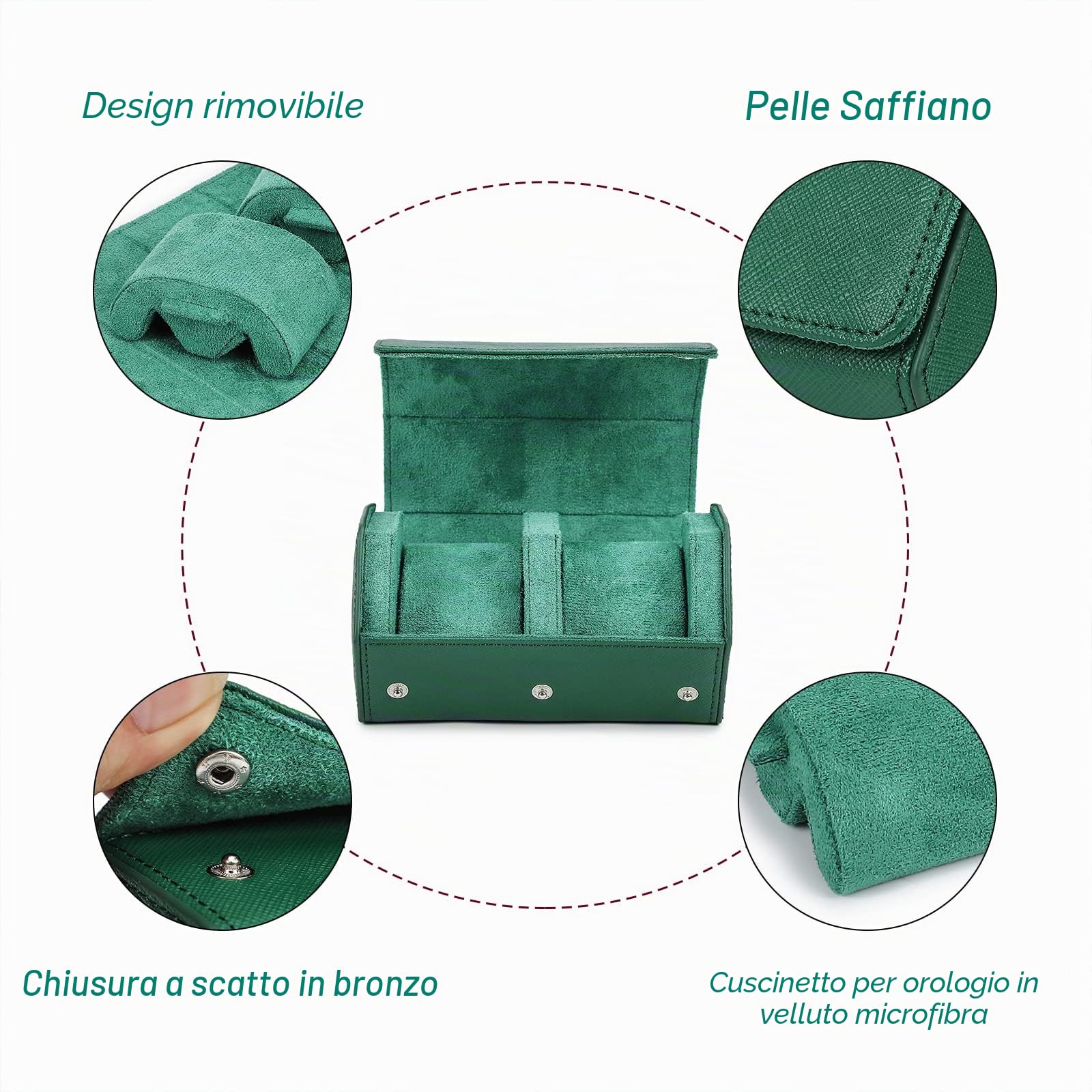 Hiram Custodia da viaggio per orologi, in vera pelle, esagonale, 2 rotoli, organizer protettivo per orologi da polso (verde)