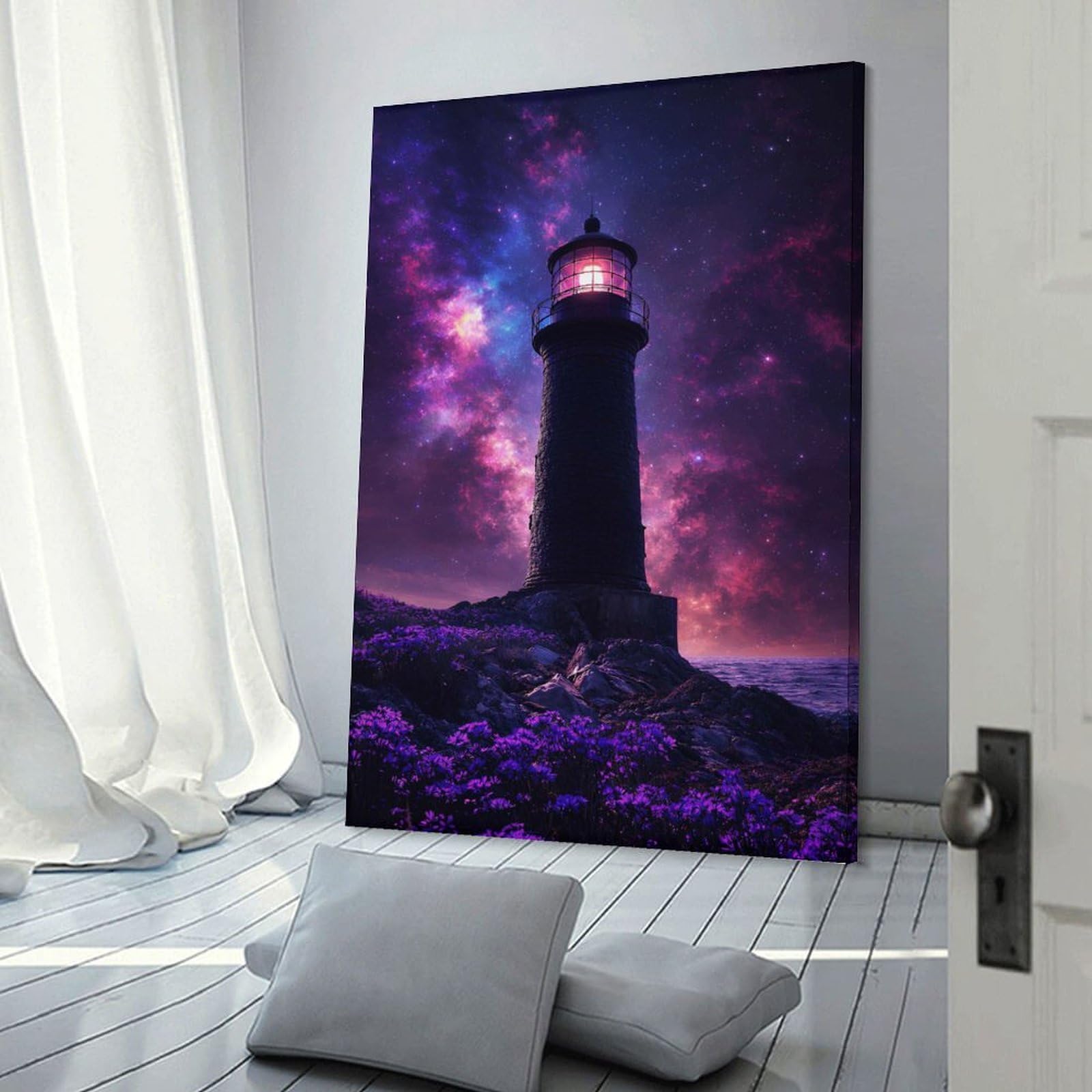 Junmoney Room Decor Wall Art Lighthouse Under A Cosmic Sky, 24x36inch(60x90cm), for Workspace Walls, Study Corners Or Bedrooms, A Smart Decor Choice for Study Walls