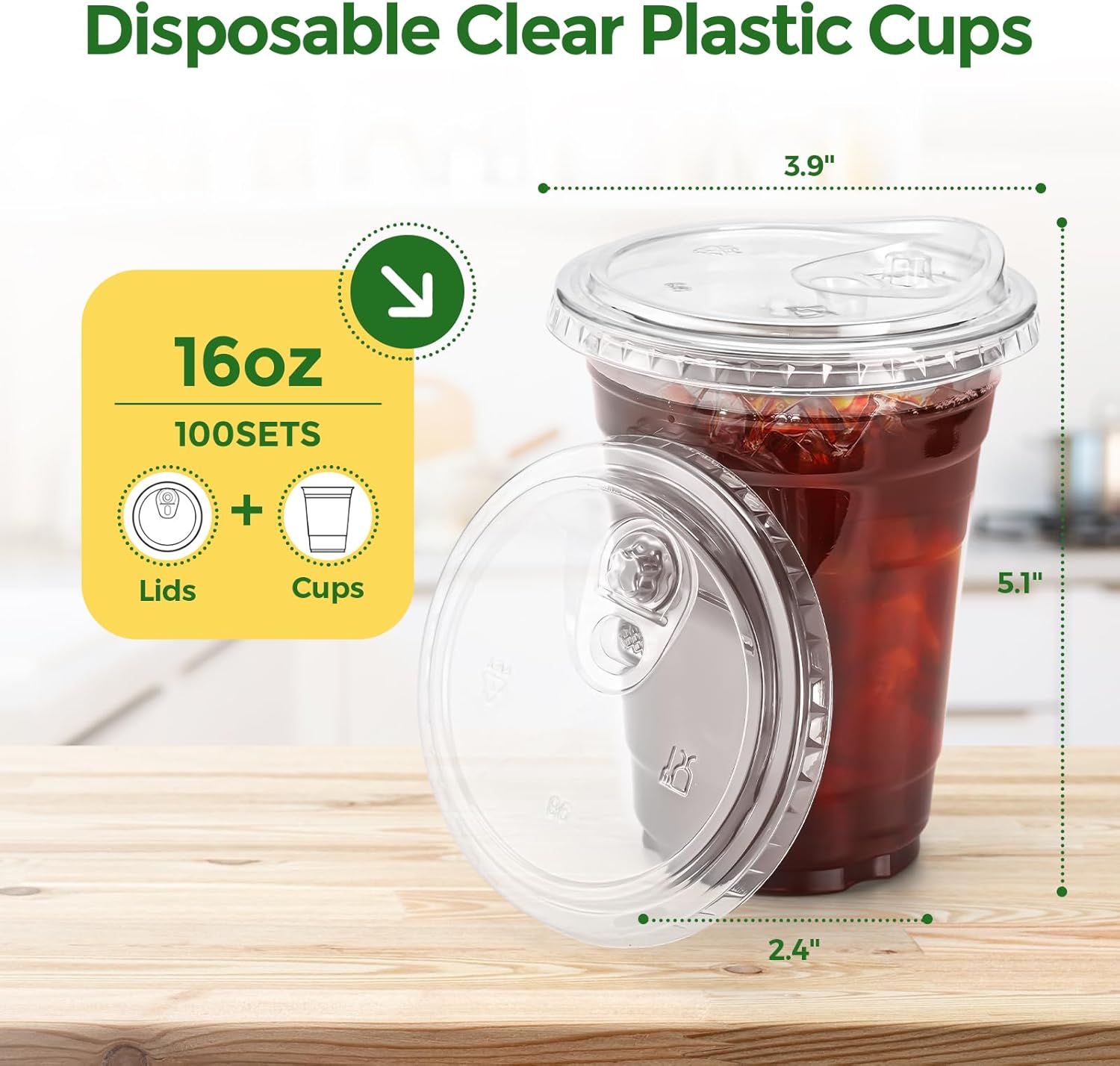Glotoch Express Plastic Cups with Lids, [100 Sets - 16oz] Disposable Clear Crystal Iced Coffee Cups - Strawless Sip Lids - BPA Free Sturdy To Go Cup for Smoothie Cold Drinks Juice Party Wedding Event