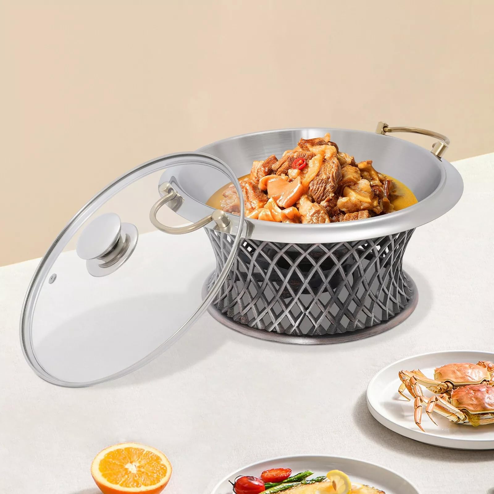 Pentola calda da buffet in acciaio inox con design a isolamento del carburante e supporto per fusti, ideale per catering e banchetti