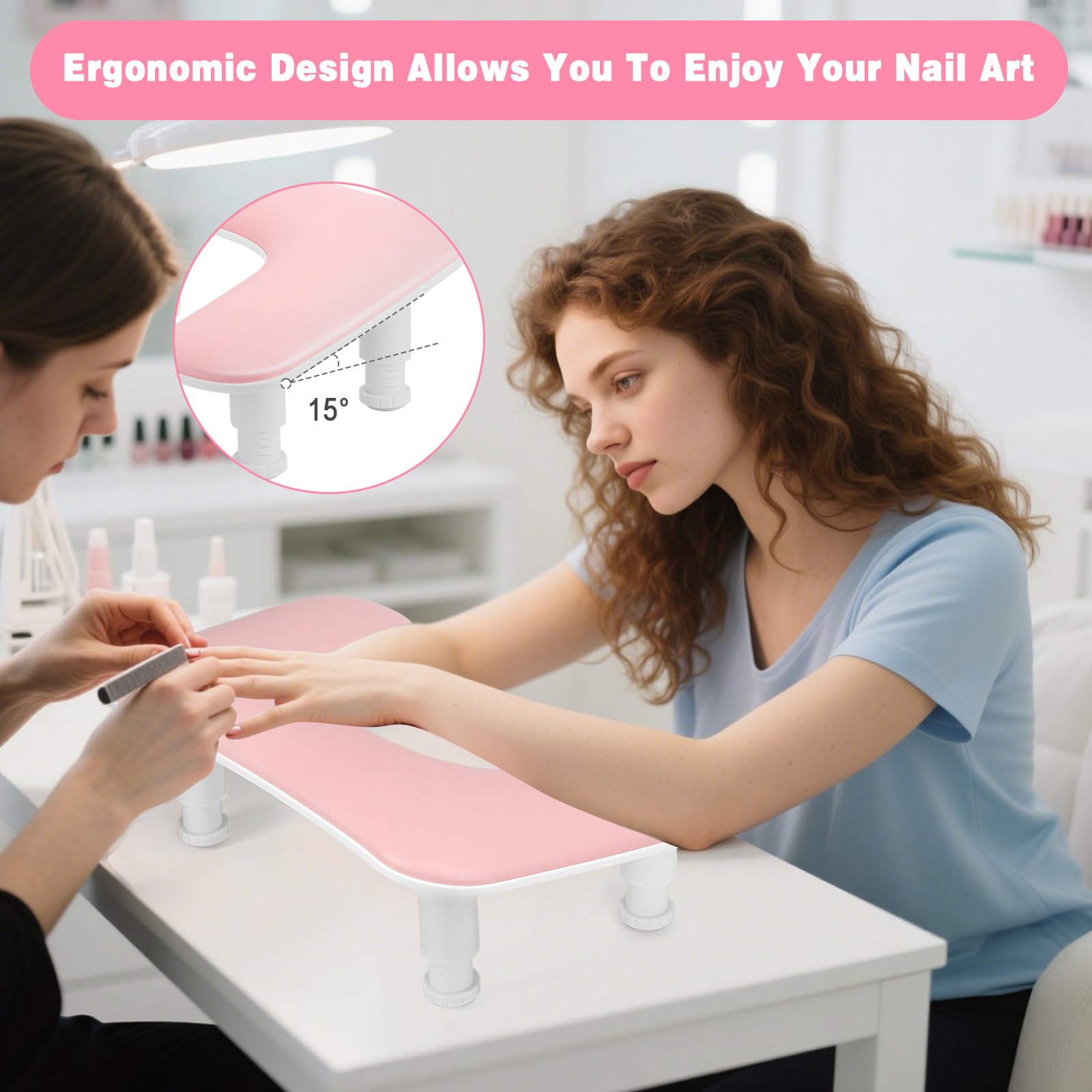 Bracciolo a forma di U per manicure e nail art, con regolazione in altezza, antiscivolo, in pelle PU, per manicure e nail art (rosa)