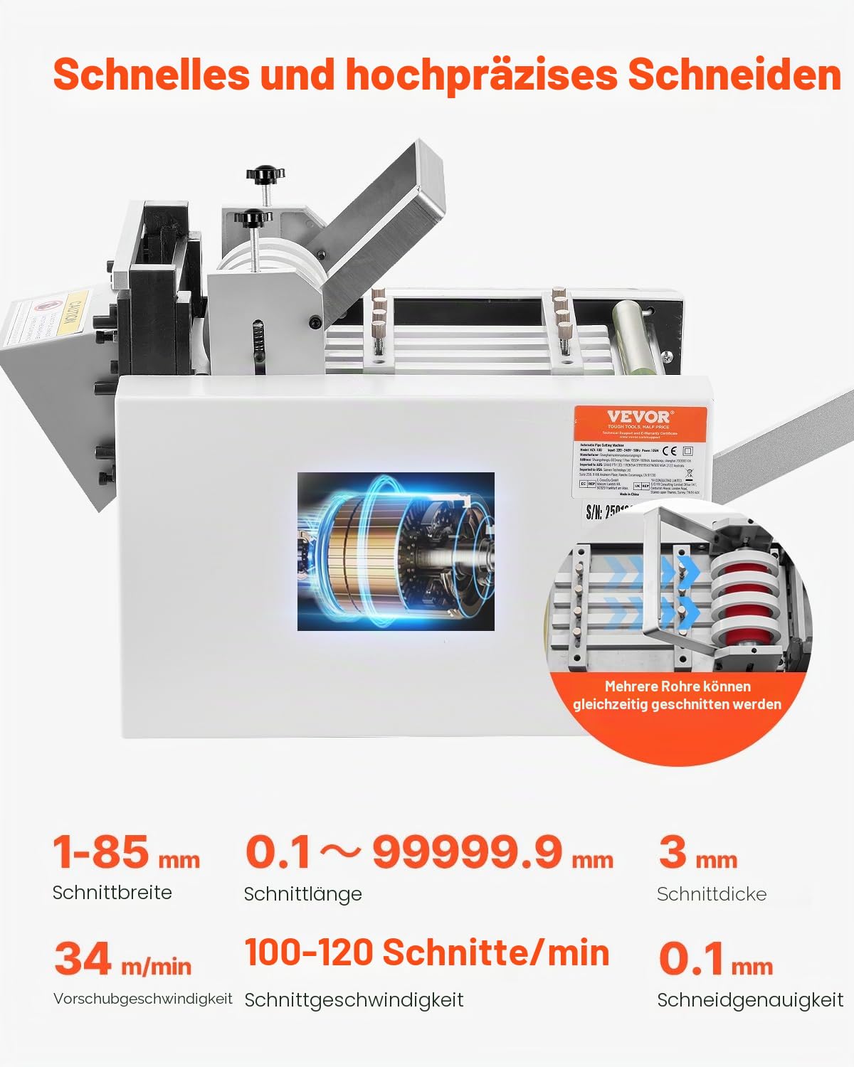 VEVOR Automatischer Schrumpfschlauchschneider, Kabelrohrschneidemaschine mit 1–85 mm Schnittbreite, 0,1–99999,9 mm Länge, Rohrschneider für Schrumpfschläuche, Fiberglasrohre, Kabel, Wachsschläuche