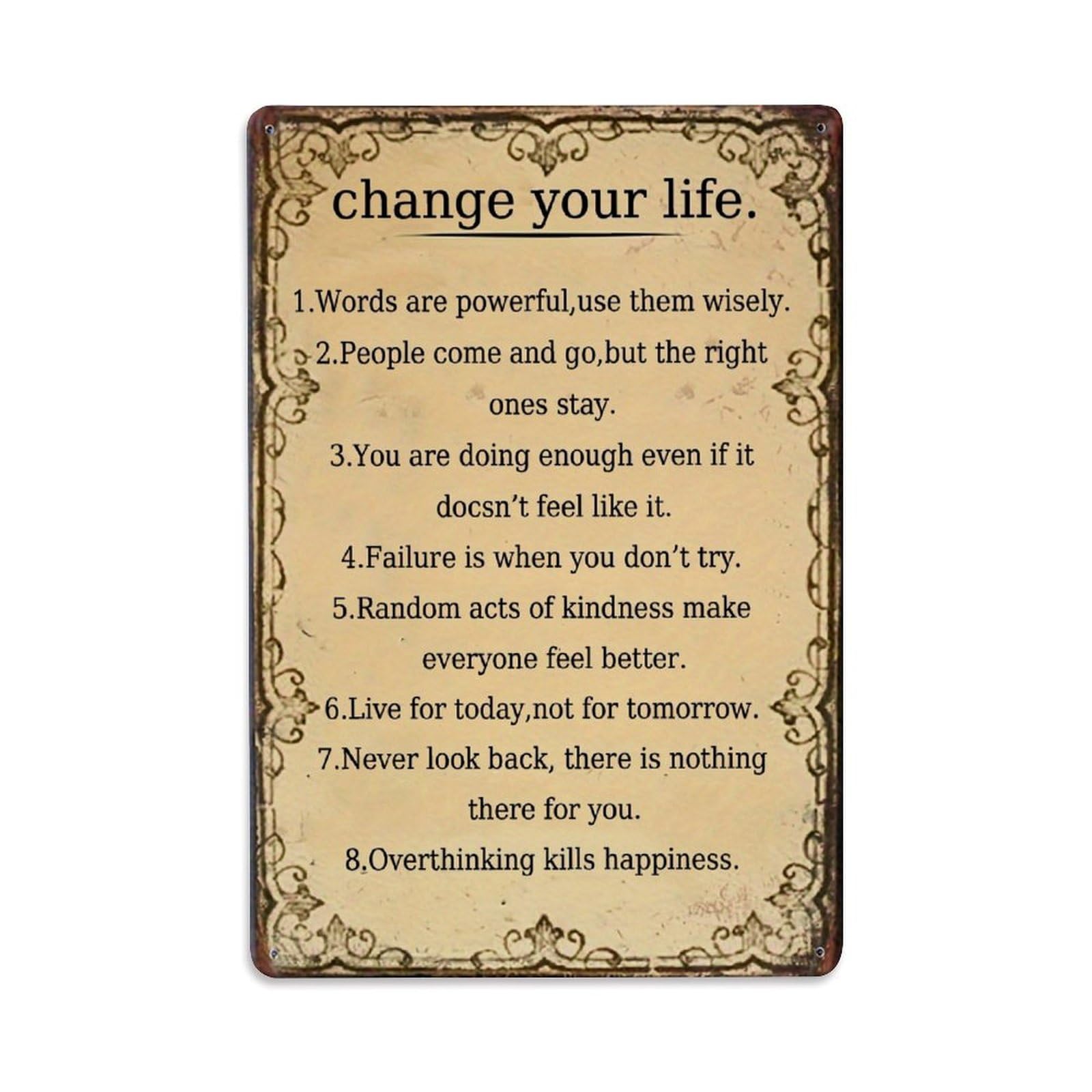 Jdfenggu Vintage Change Your Life Words Pattern Retro Metal Tin Sign, Decor Art Poster For Bar, Home, Man Cave, Kitchen, Laundry Room Gift 8X12inch