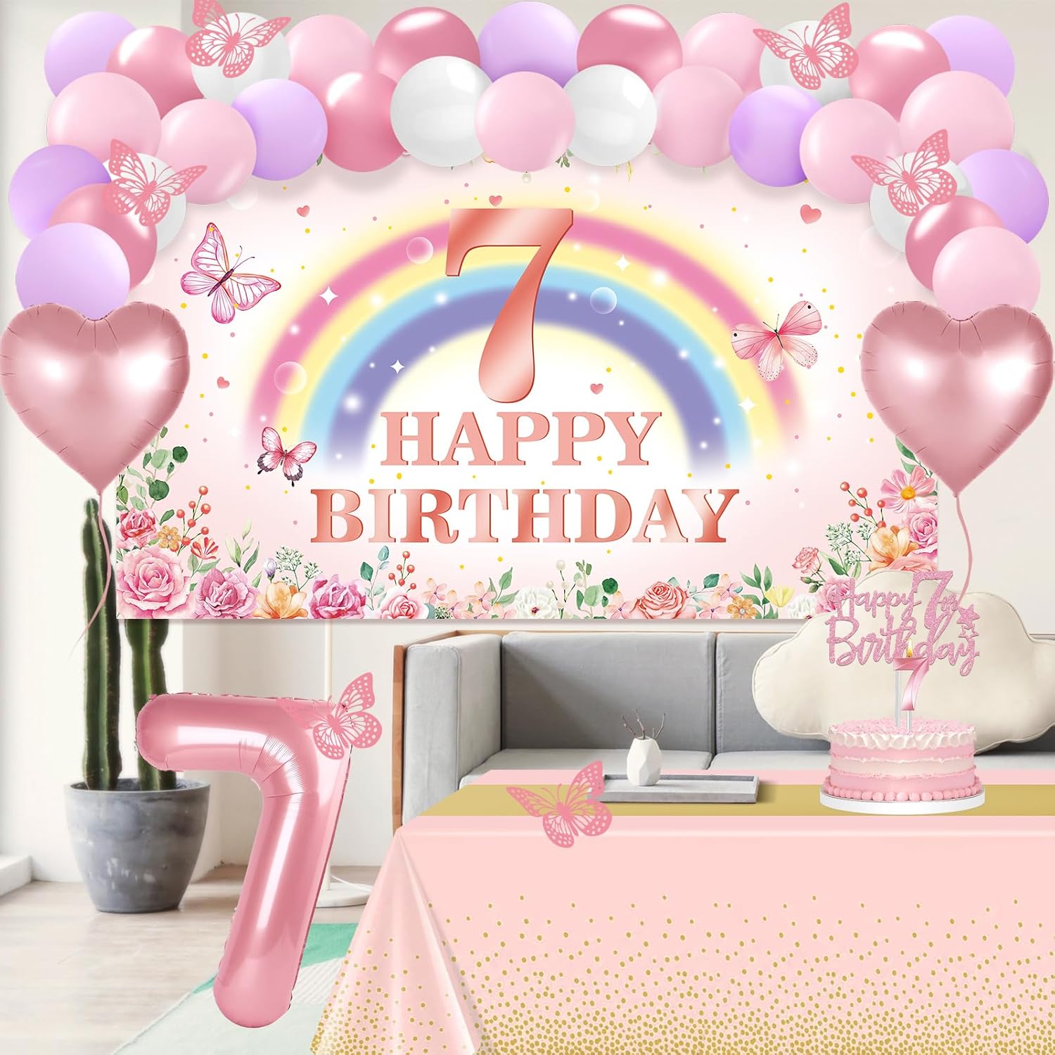 7th Birthday Decorations for Girls, 47pcs Pink Flower Rainbow Banner, Tablecloth, Butterfly Decor, 7th Birthday Sash and Tiara, Cake Topper, Candles, Balloons Arch