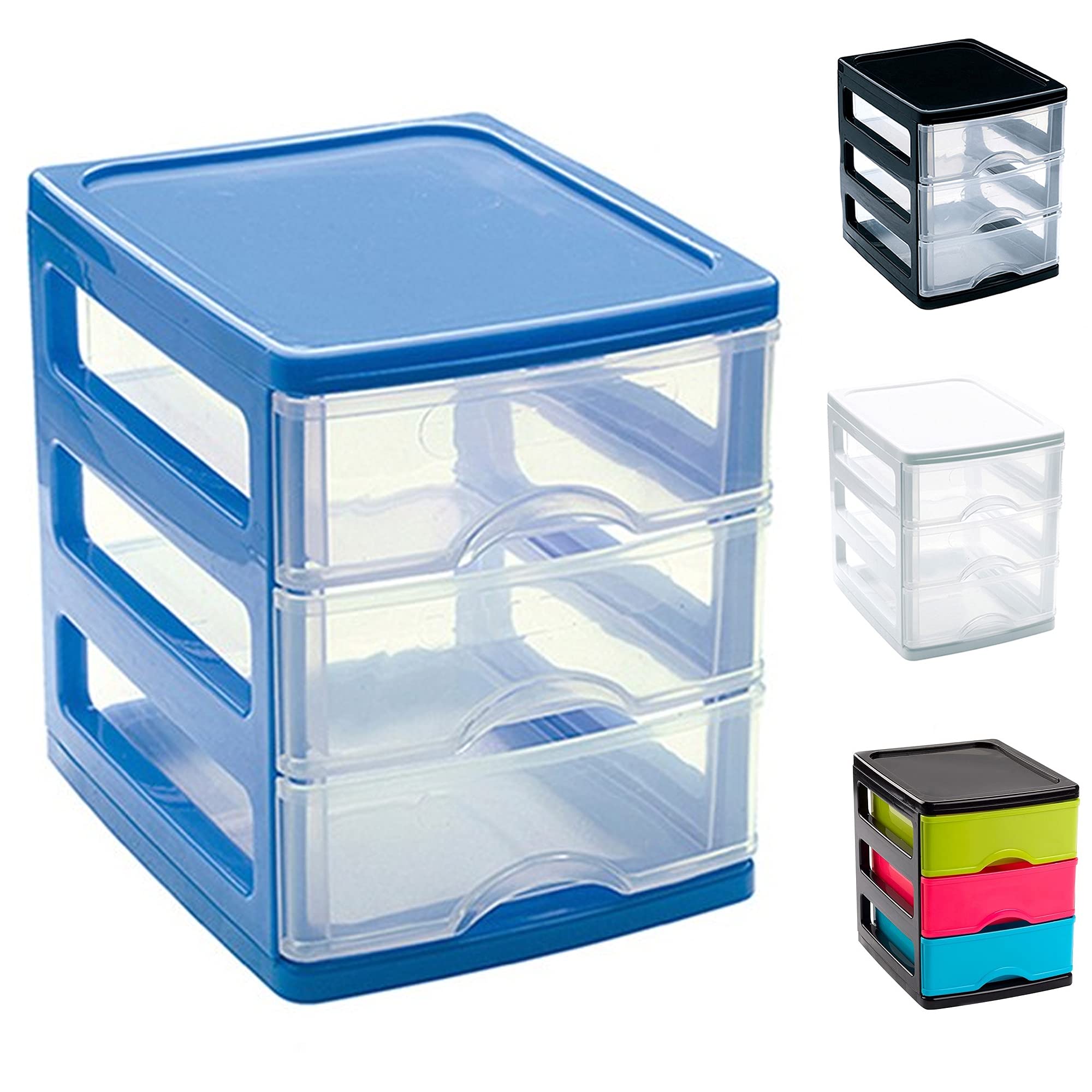 Plastific (17 X 13.5 X 17Cm, Blue With 3 Clear Drawers) Plastic Desktop Storage Unit With Drawers, Stationary Arts Drawer Desktop Tabletop Organiser Storage Tower Unit For Office Bedroom Garage ((17 X 13.5 X 17Cm, Blue With 3 Clear Drawers))