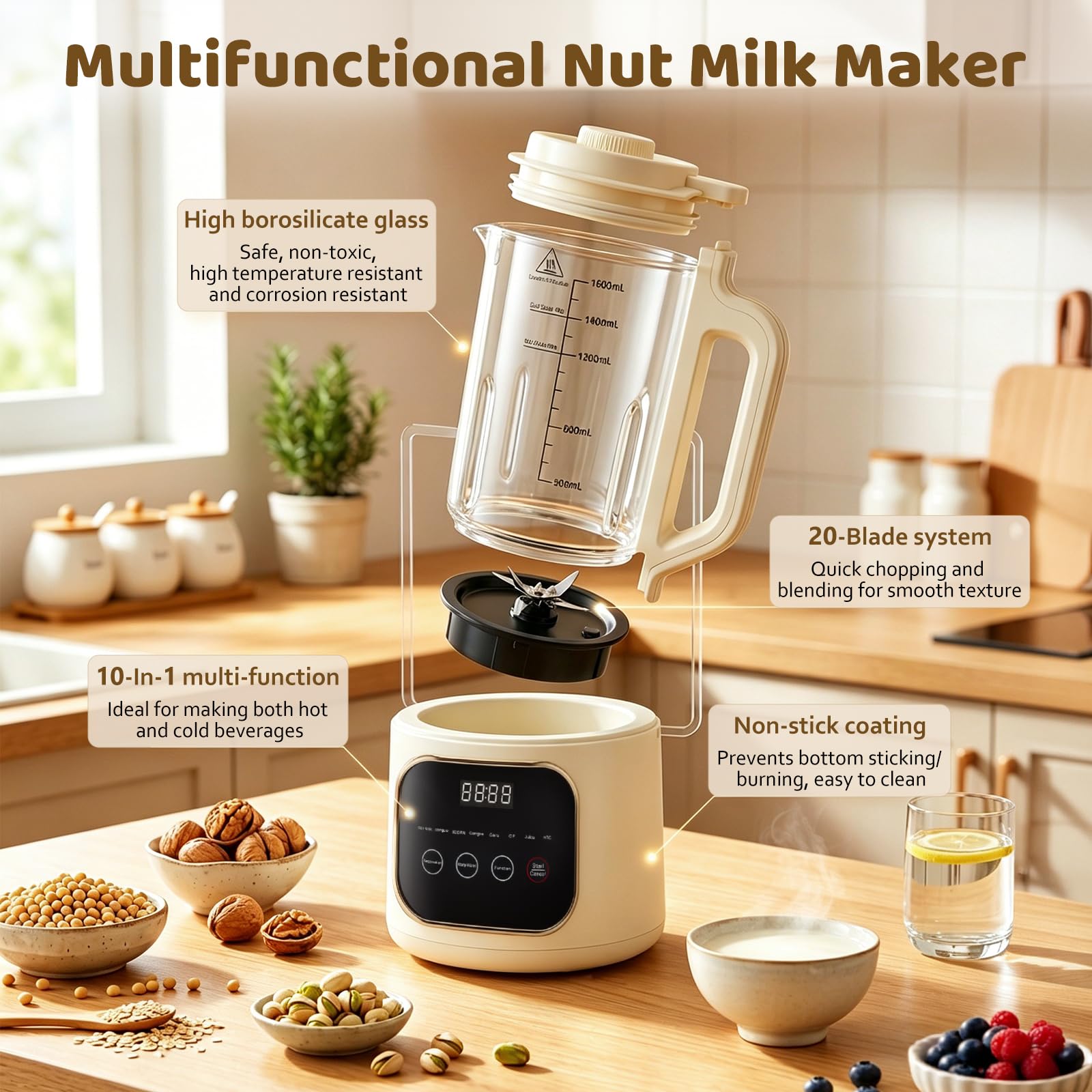 Máquina automática de leche de soja, máquina de leche de nueces de 1600 ml con 20 cuchillas, pantalla LED, temporizador de 24 horas, función de autolimpieza, para leches vegetales caseras como soja
