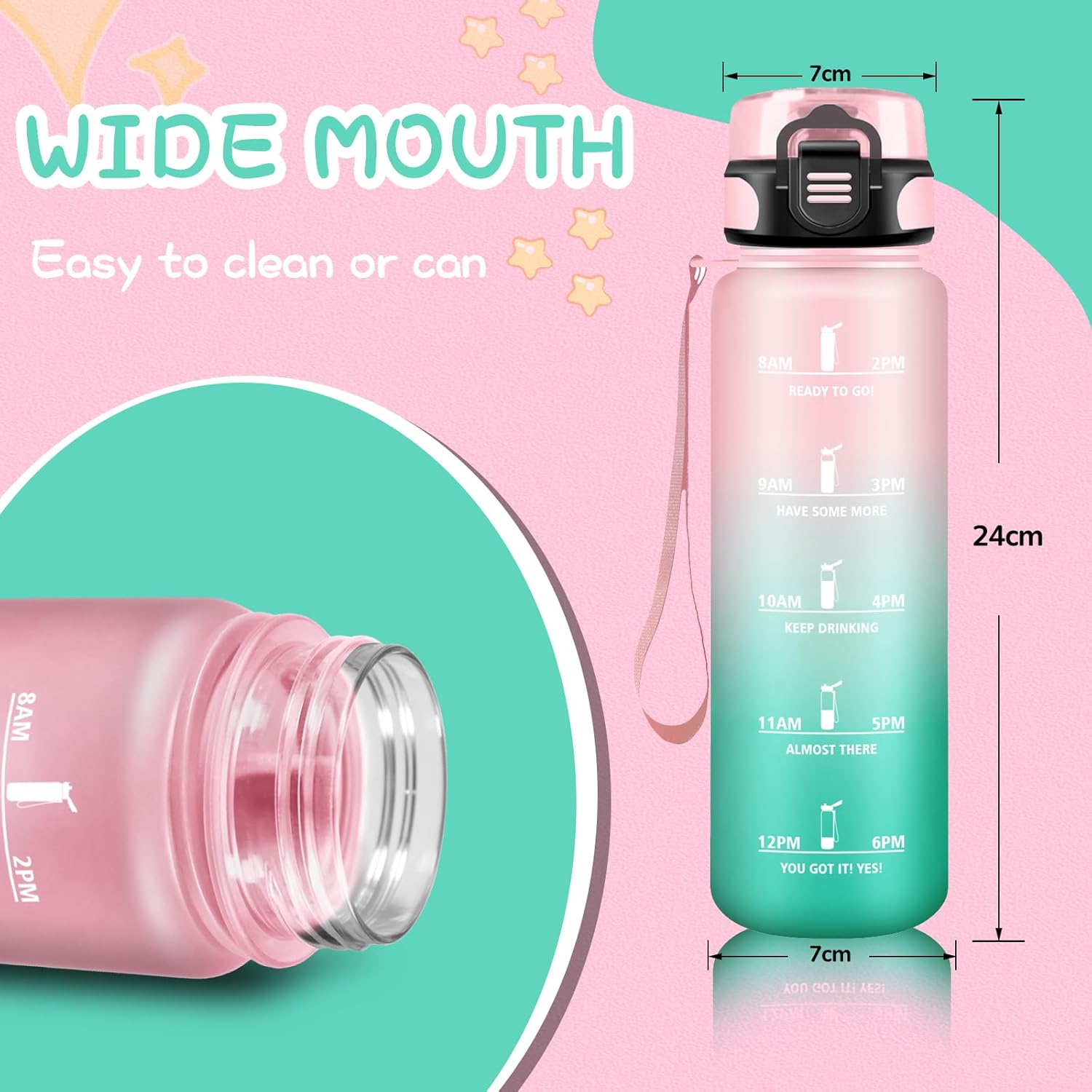 Children's Water Bottle, 500 ml, Leak-Proof, Water Bottle with Time Marking, Easy to Clean, Girls' Sports Drinking Bottle for School, Travel, Camping, Pink-Cyan