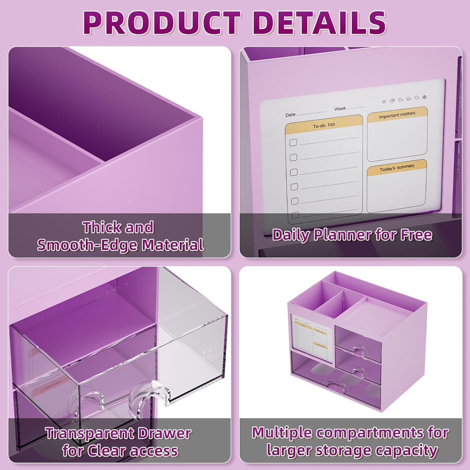 Marbrasse Organizer Scrivania con 3 Cassetti,Grande Capacità Portapenne da Scrivania,Organizzatore Scrivania con 4 Scomparti Accessori,per Ufficio Casa Scuola(Viola)