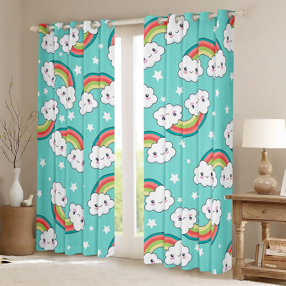 Homewish Rideau Occultant 117x183 cm Arc-en-Ciel,Rideau Nuages,Rideaux Voilage Enfants Garçons Filles Étoiles Imprimer Mignon Carton Nuage,Voilage Fenetre Kawaii Princesse de Rêve Tael pour Chambre