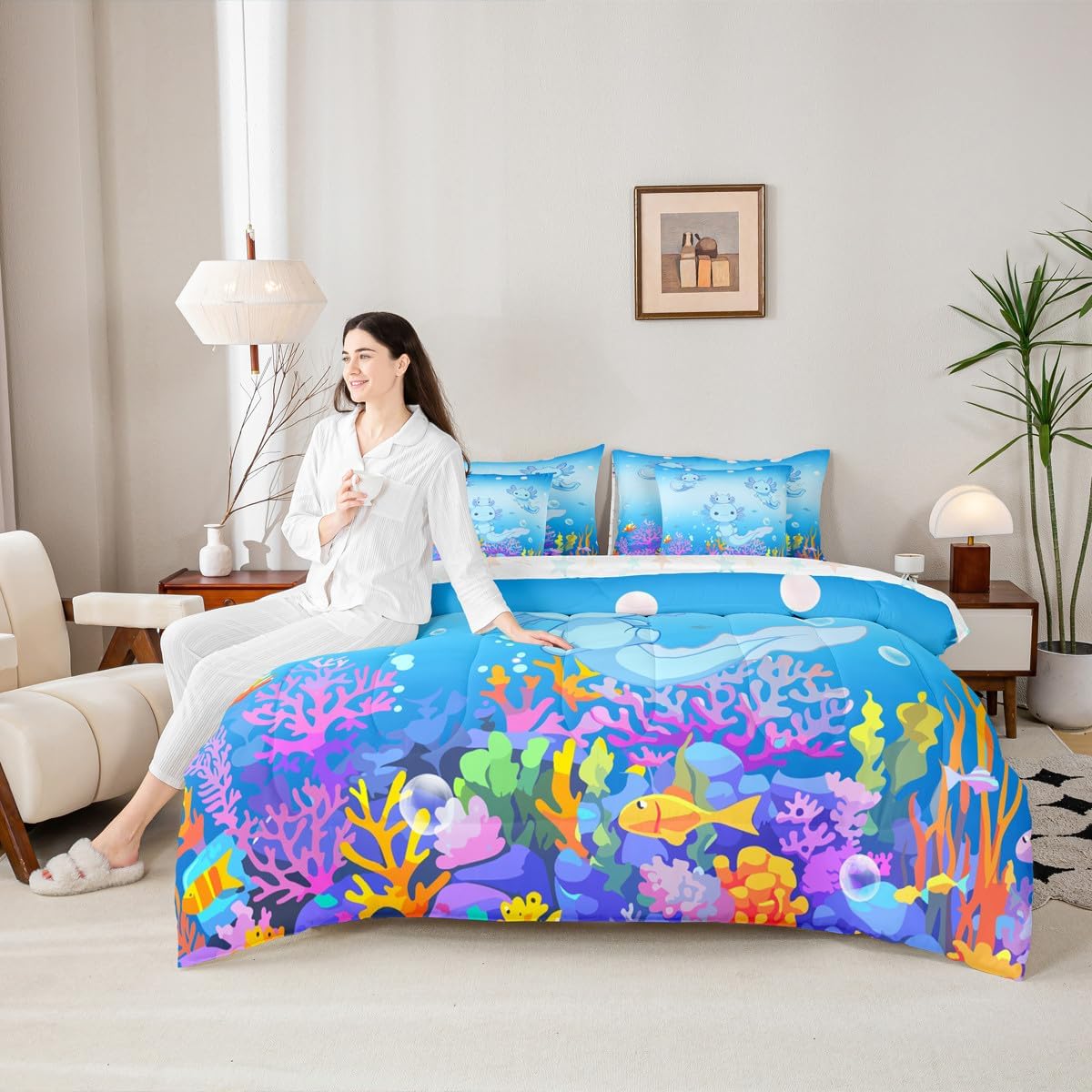 Feelyou Kids Cute Axolotl 7 Pieces Bedding Set Twin Size, Ocean Sealife Bed in A Bag Boys Girls Kawaii Comforter Set with Sheets Cartoon Salamander Teens Bed Set Bedroom Decor 7Pcs