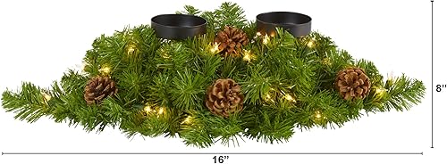 Miniatura 2 de Nearly Natural Candelabro doble de Navidad artificial de 24 pulgadas con 35 luces blancas cálidas y piñas