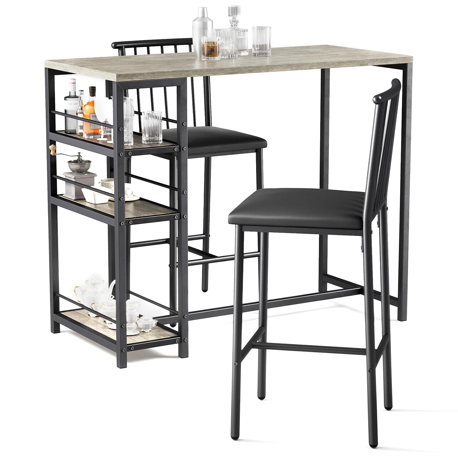Xbro Bartisch Set 3-Teilig, Esstisch mit 2 Gepolsterten Stühlen, Esstisch-Set für 2 Personen mit 3 Ablagen, Metallgestell-Bartisch mit Barhocker-Set, Bistrotisch für Küche(Grau)