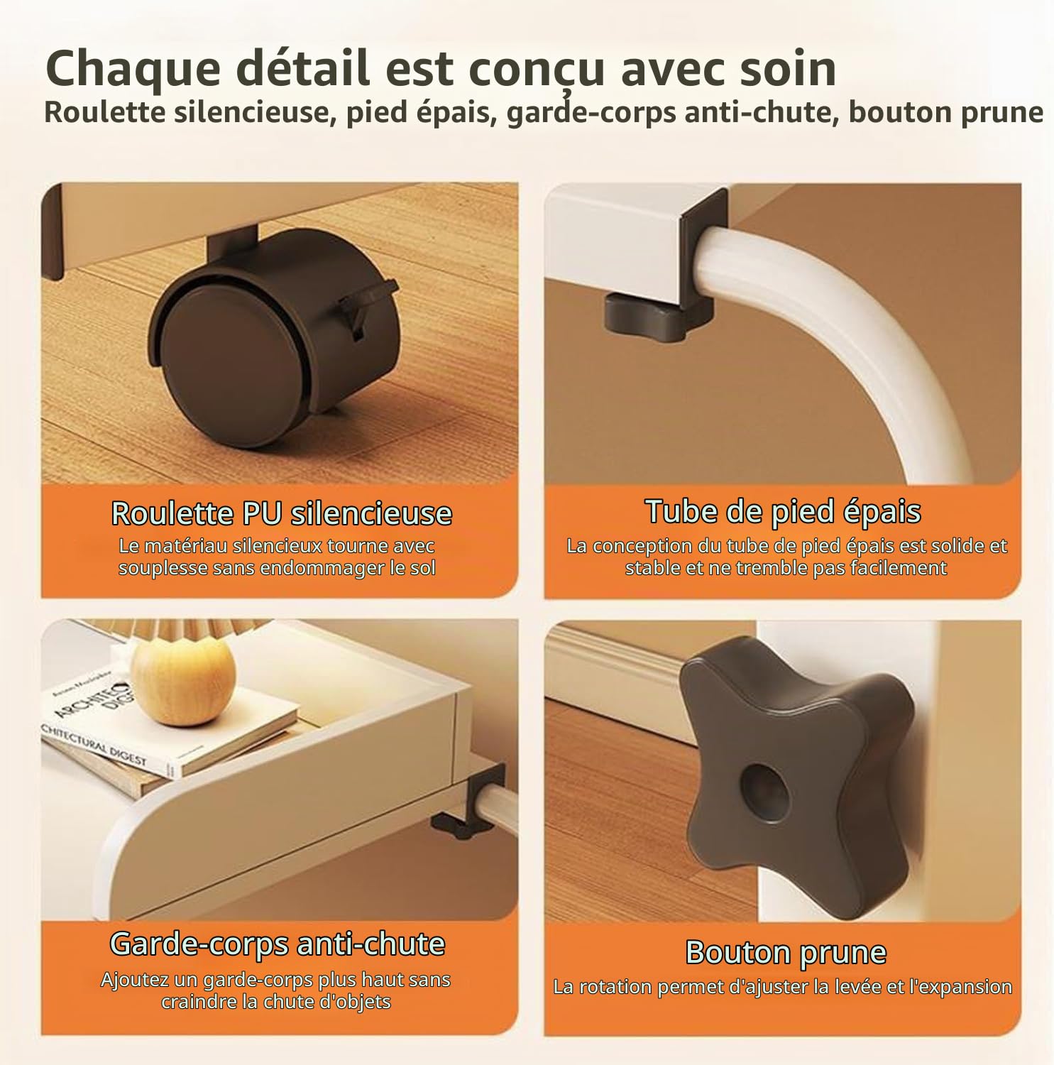 Bureau à roulettes sur Le lit avec roulettes，Table de lit réglable en Hauteur avec pivotantes (Color:Bois)
