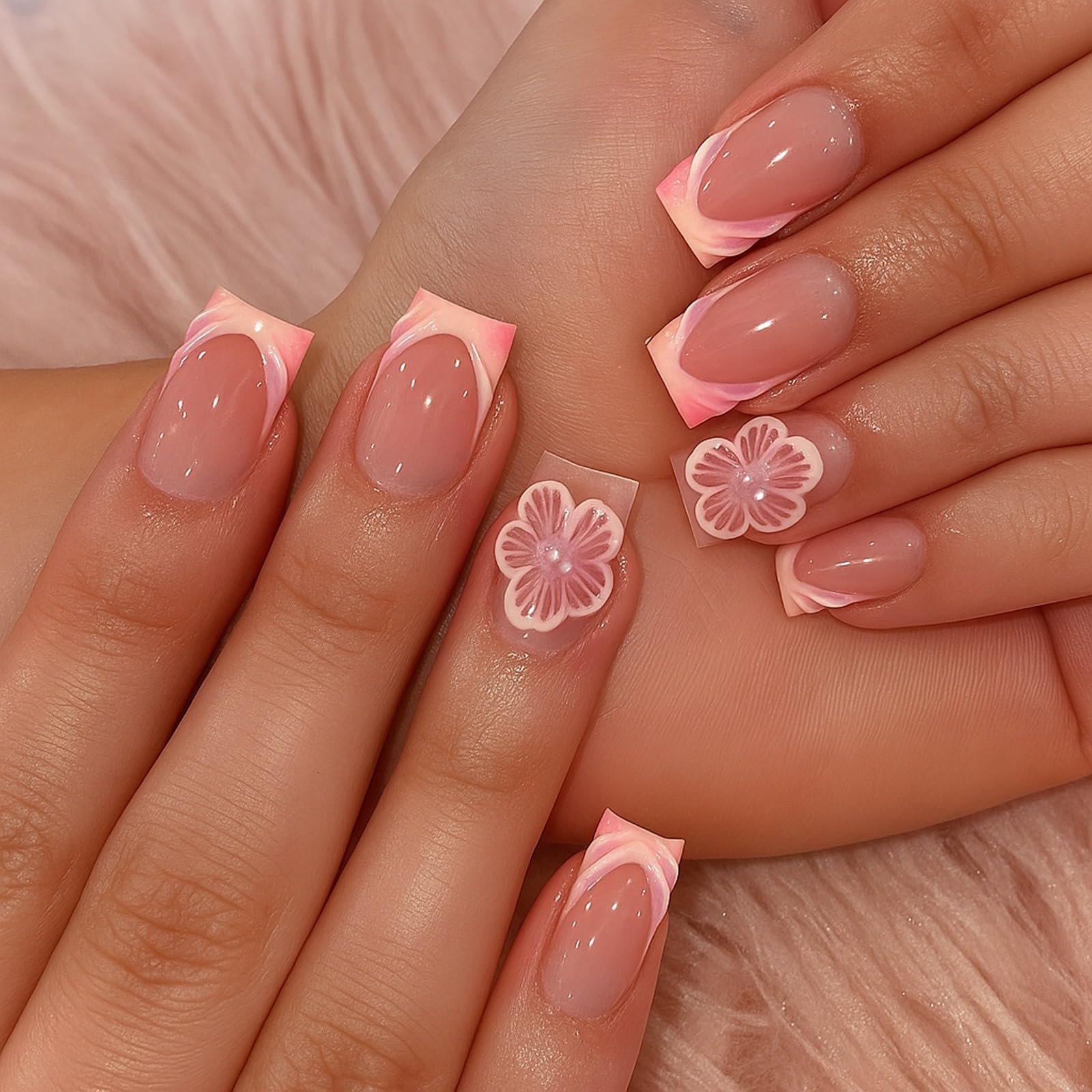 24PCS Square Medium-Length Acrylic Nail Tips Glossy Translucent Pink French Manicure