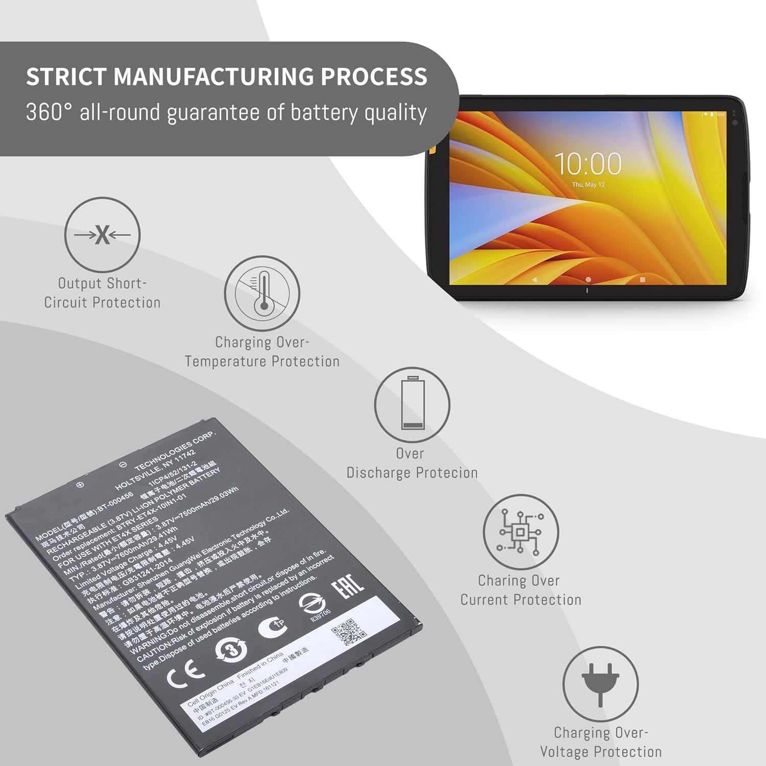 BT-000456 Battery for Zebra ET40 ET45 ET40HC ET45HC ET4X 10" INCH BT-000456-32 BTRY-ET4X-10IN1-IN BTRY-ET4X-10IN1-01-PW Series Barcode Scanner Ultra High Capacity Replacement 3.87V 7600mAh/29.41Wh