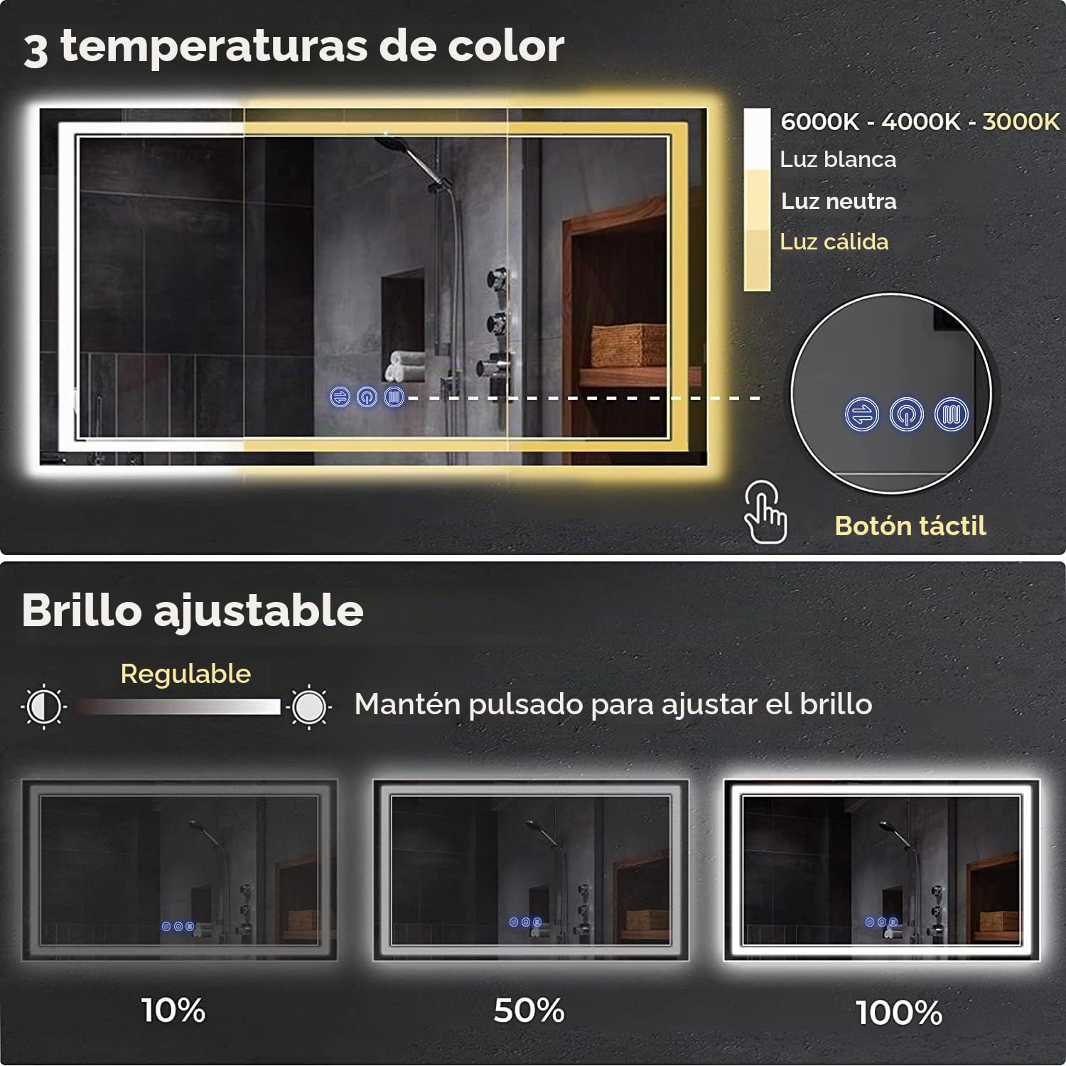 Espejo Baño con Luz LED 120x70cm,Espejos de Baño con LED,Memoria y Cristal Templado HD,Espejo Digital Antivaho con Regulación de Brillo Instalación Horizontal/Vertical